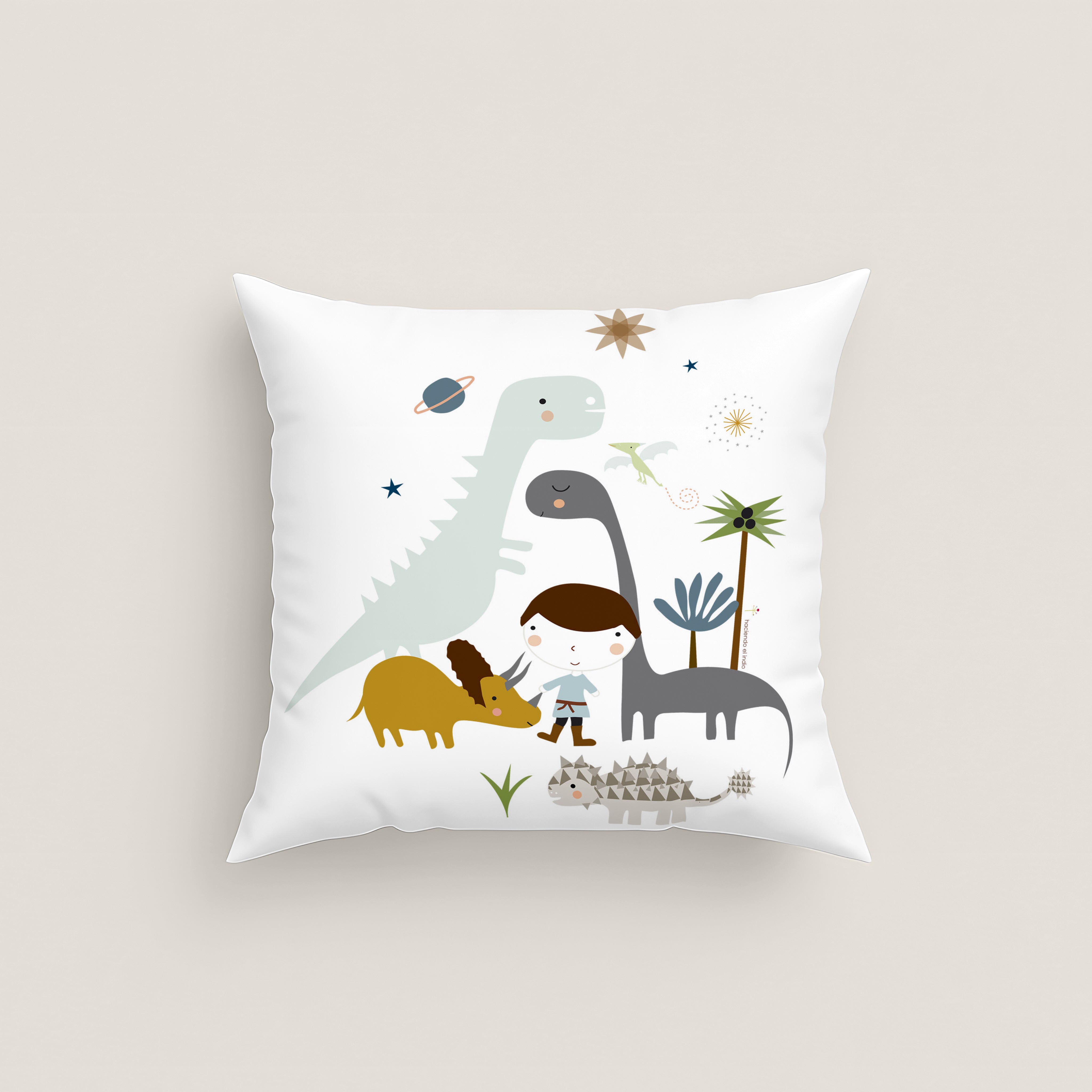 FUNDA DE COJÍN INFANTIL ESTAMPADO DINOS 100% ALGODÓN