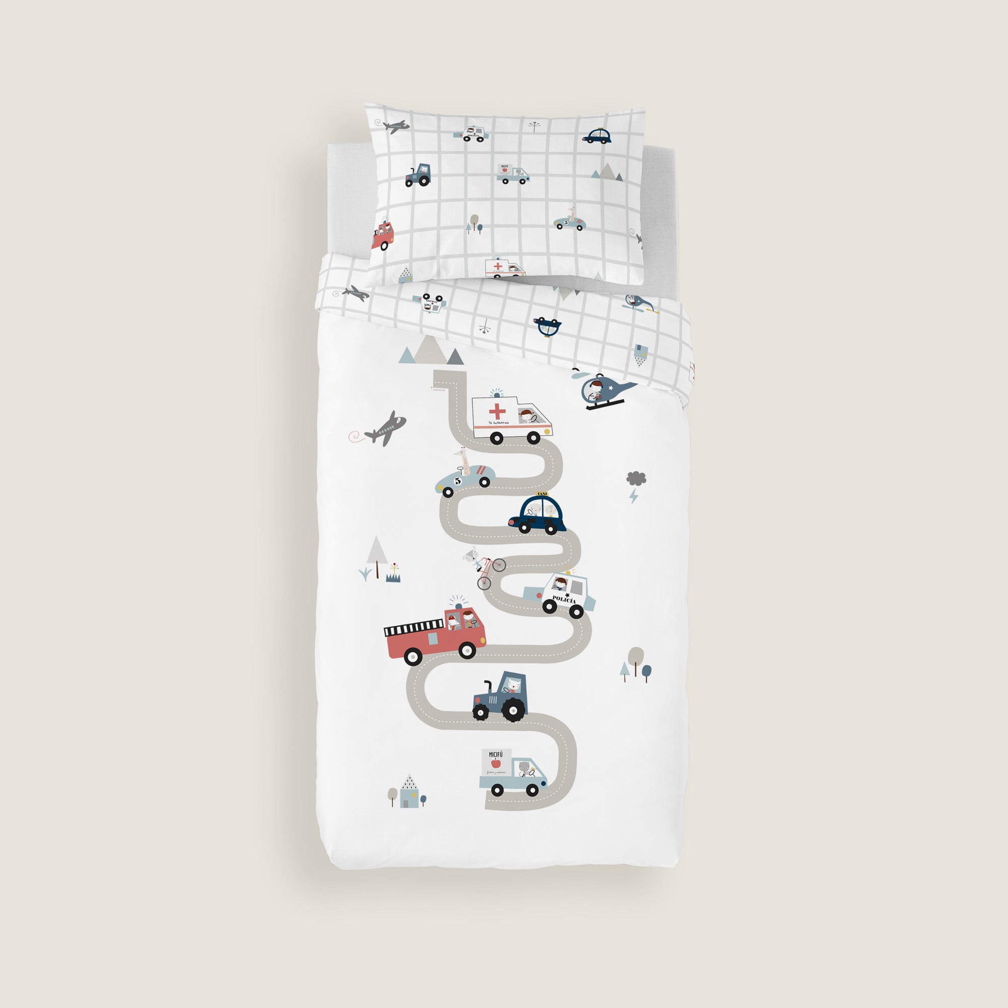 COPRIPIUMINO REVERSIBILE STAMPATO PER BAMBINI TRASPORTI 100% COTONE