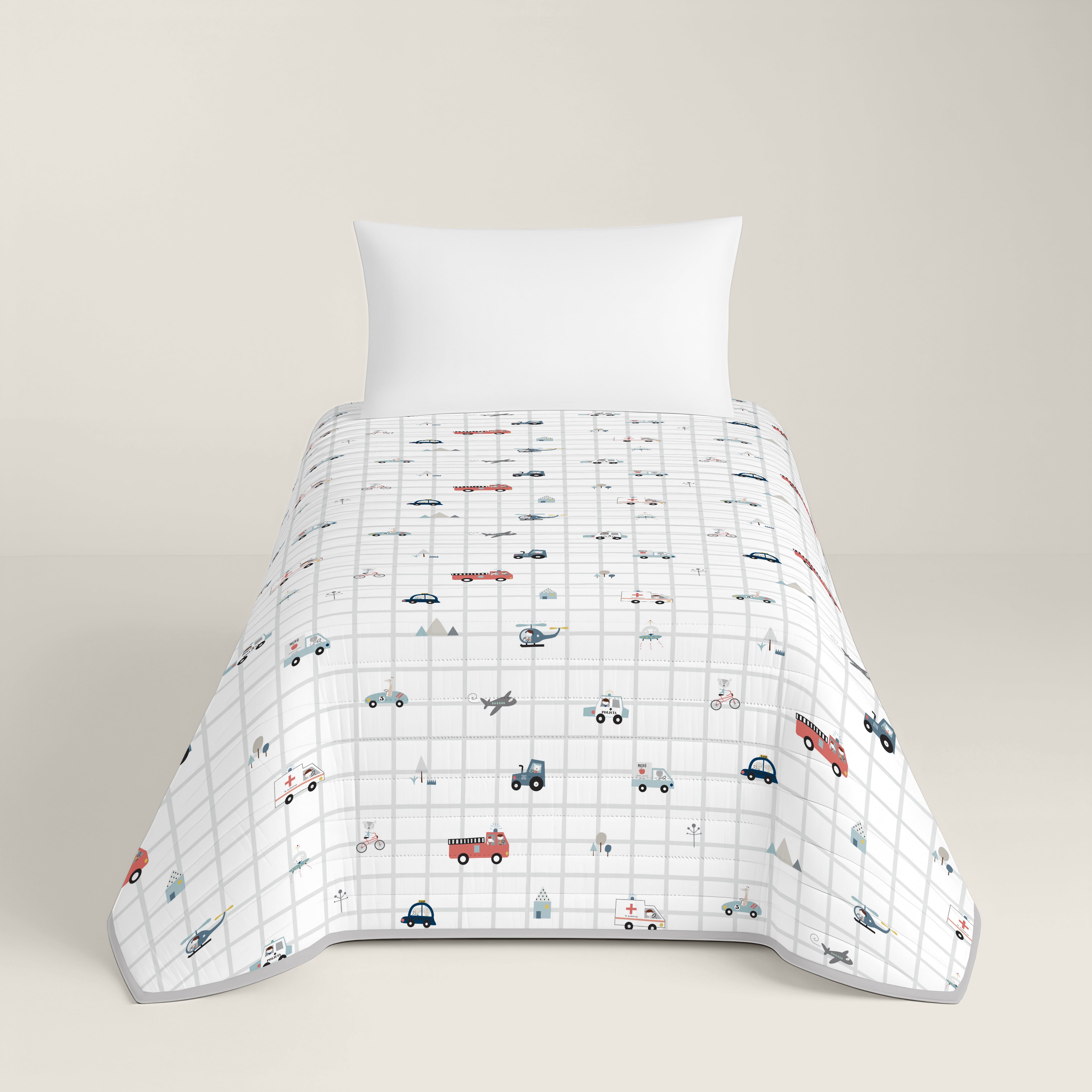 COPRILETTO BOUTIS REVERSIBILE STAMPATO PER BAMBINI TRASPORTI 100% COTONE