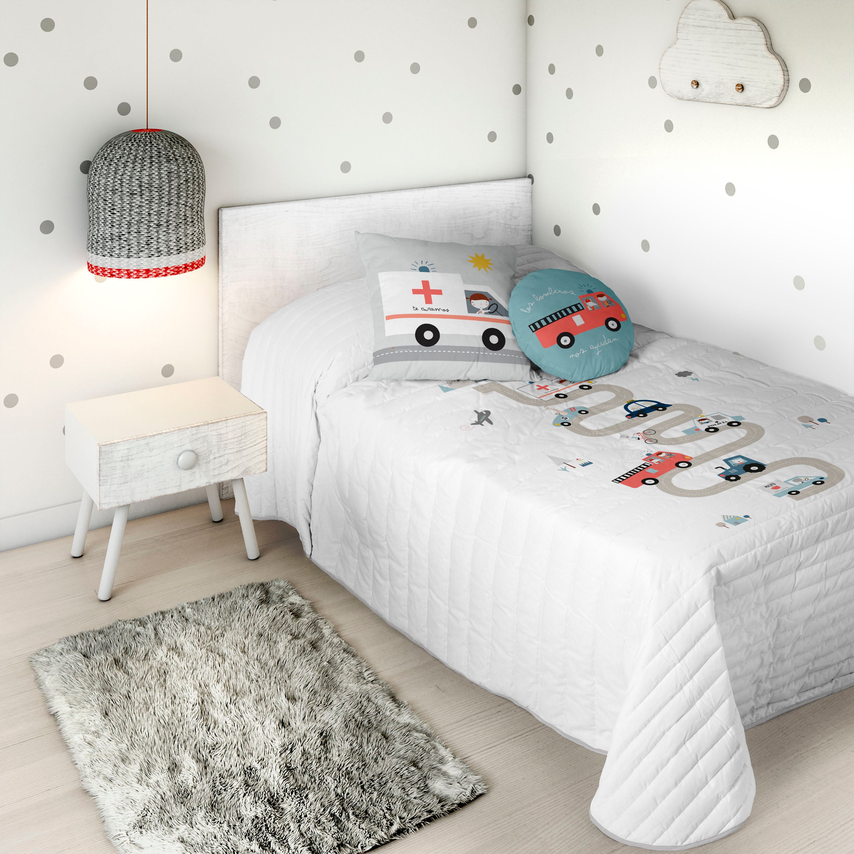 COPRILETTO BOUTIS REVERSIBILE STAMPATO PER BAMBINI TRASPORTI 100% COTONE