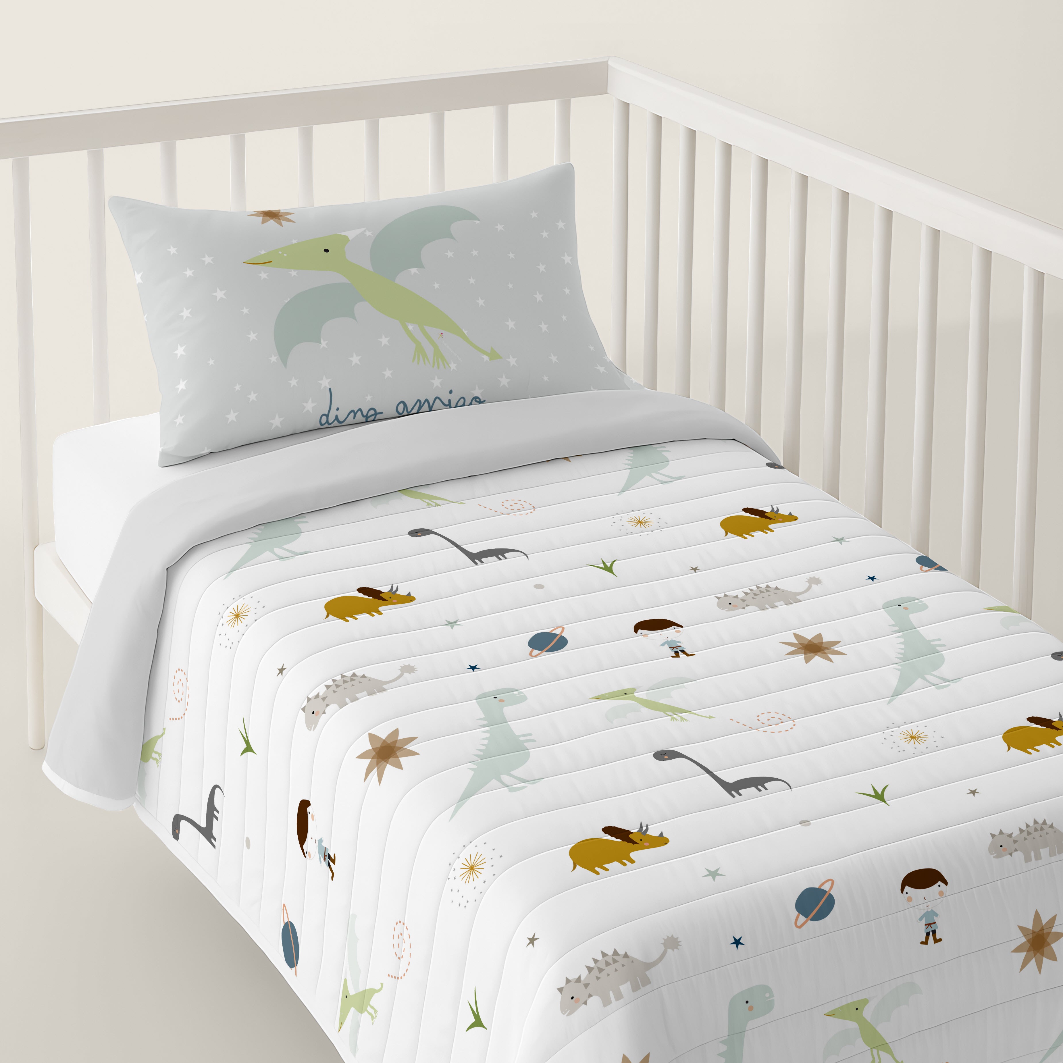 COLCHA BOUTI REVERSIBLE ESTAMPADA BEBÉ CUNA DINOS 100% ALGODÓN