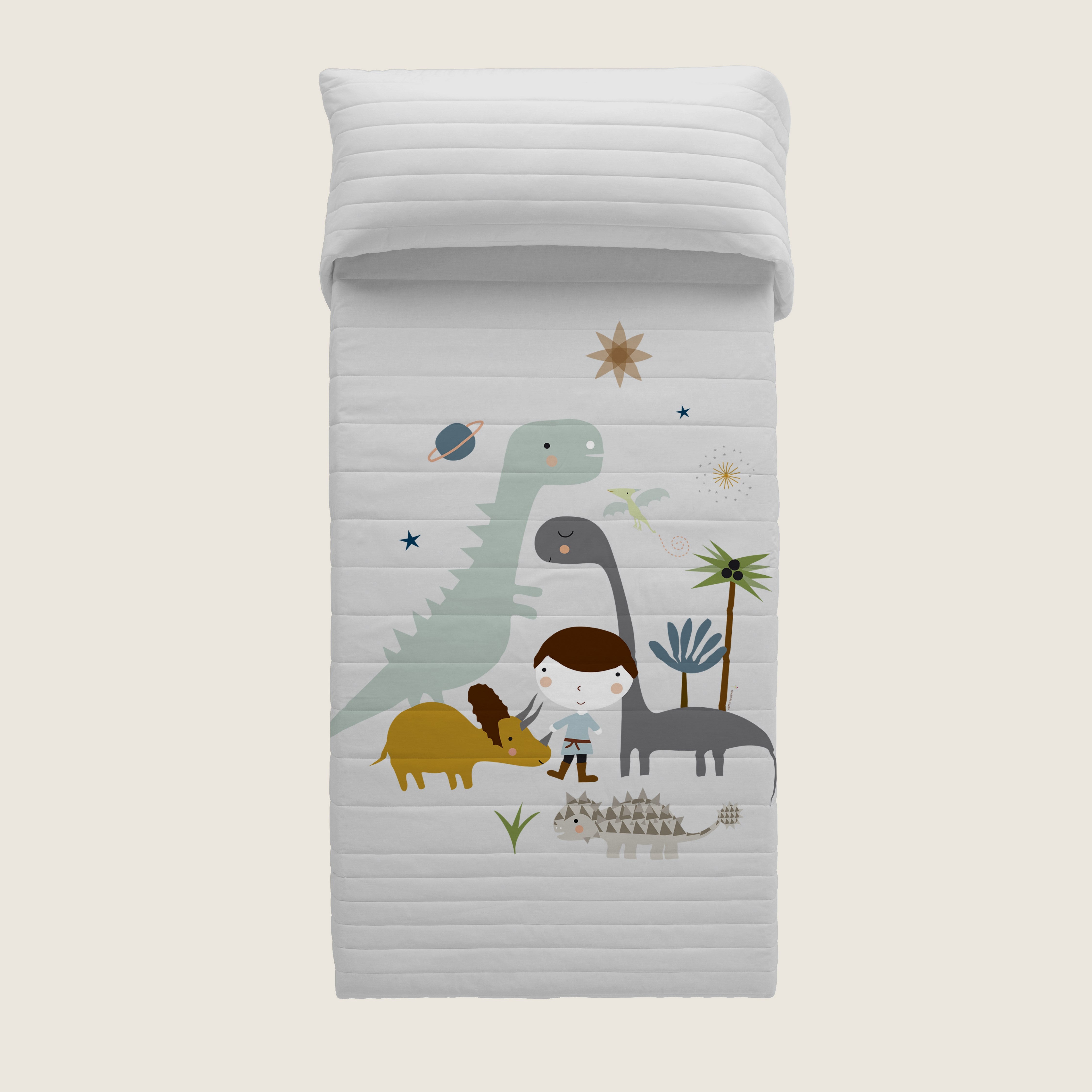 COLCHA BOUTI REVERSIBLE ESTAMPADA BEBÉ CUNA DINOS 100% ALGODÓN