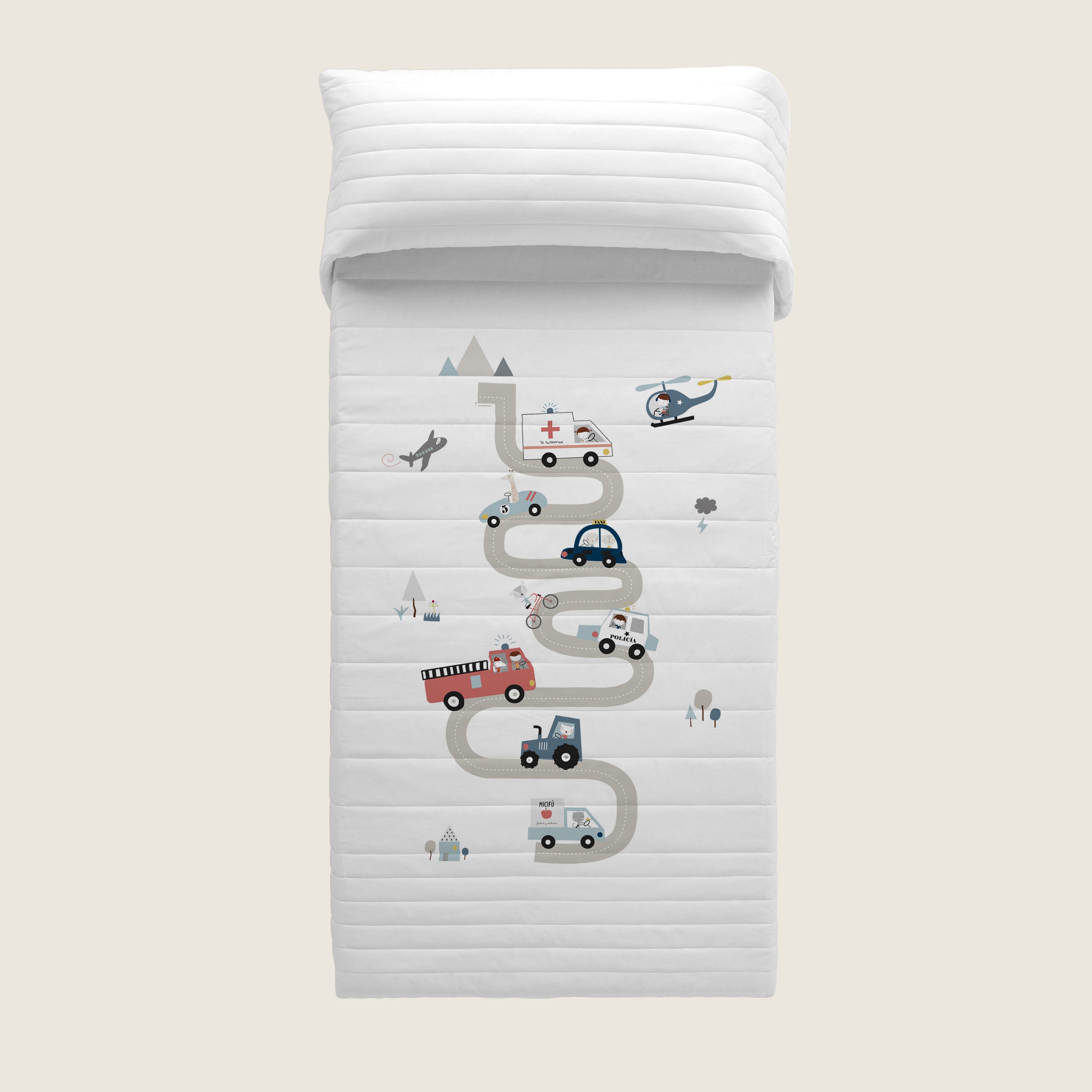 COLCHA BOUTI REVERSIBLE ESTAMPADA BEBÉ CUNA TRANSPORTES 100% ALGODÓN