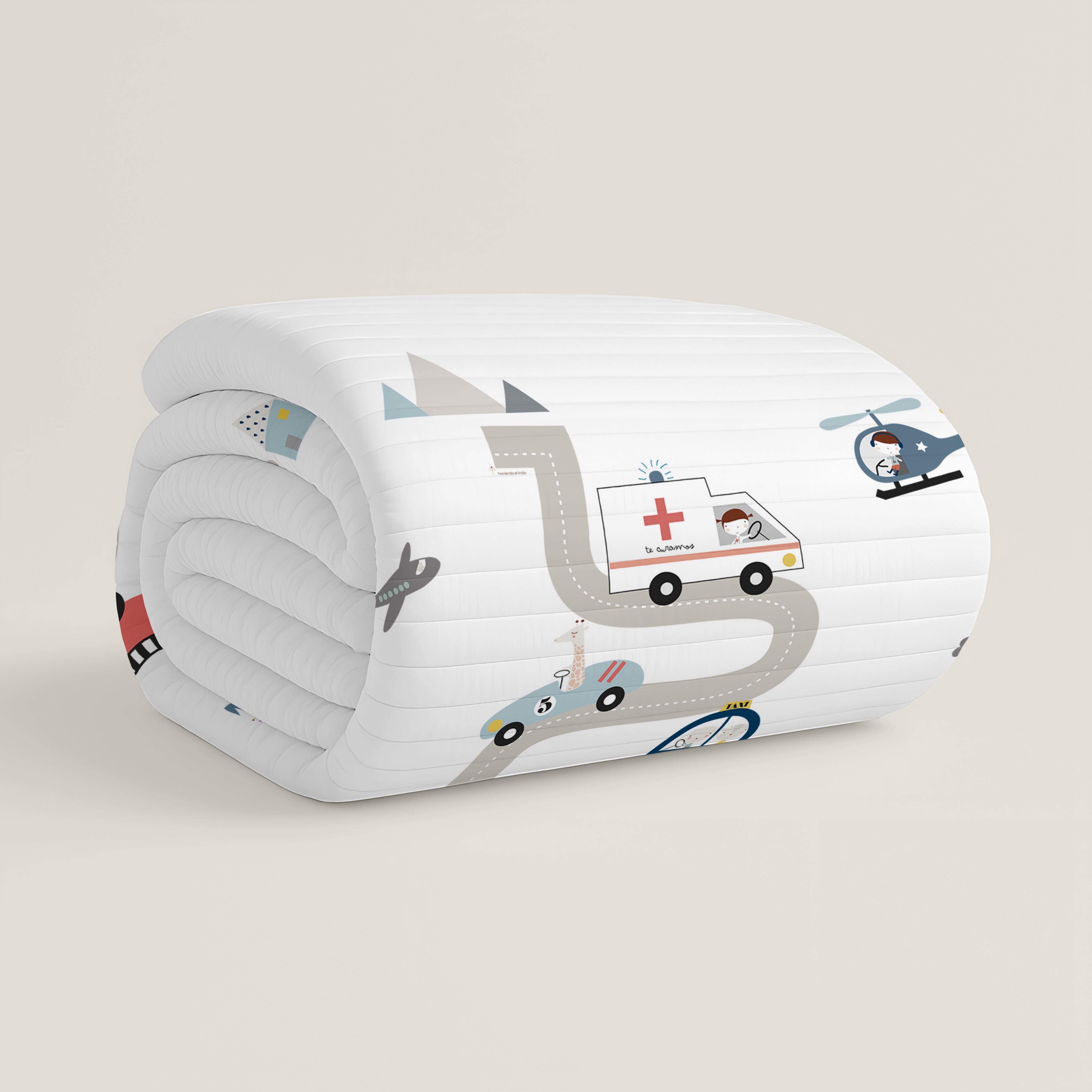 COLCHA BOUTI REVERSIBLE ESTAMPADA BEBÉ CUNA TRANSPORTES 100% ALGODÓN