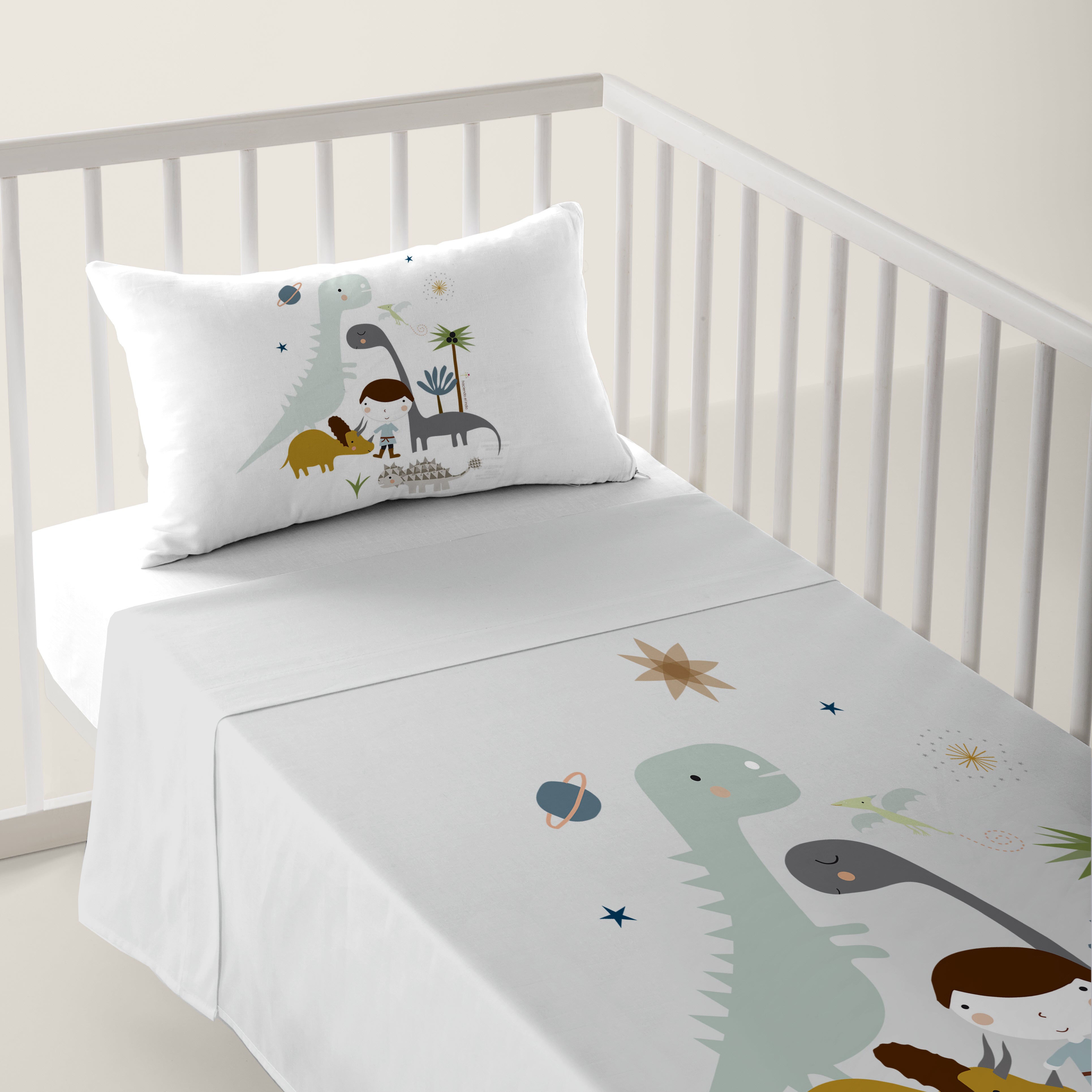 JUEGO DE SÁBANAS CUNA BEBÉ DINOS A 100% ALGODÓN