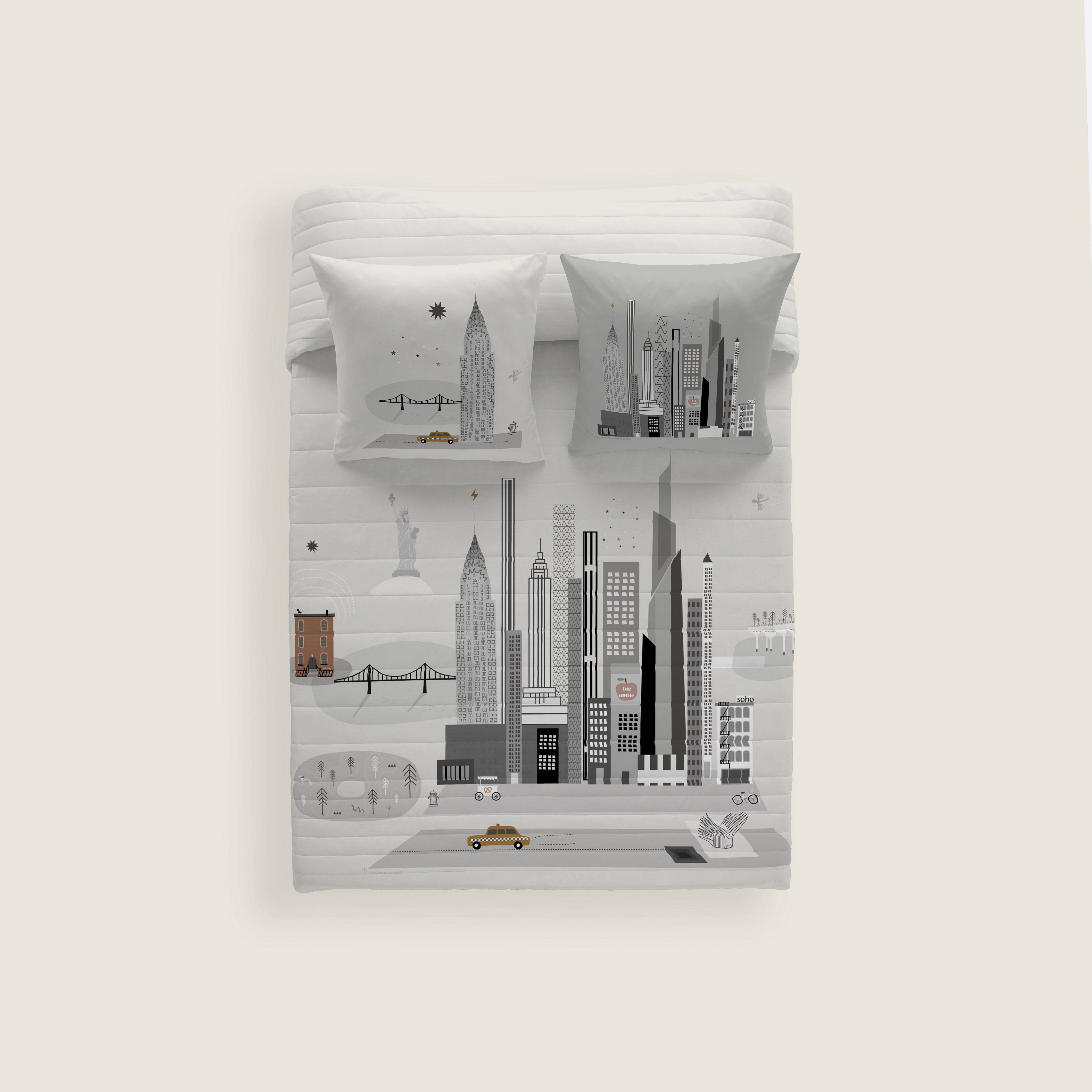 COPRILETTO TRAPUNTATO REVERSIBILE STAMPATO NYC 100% COTONE
