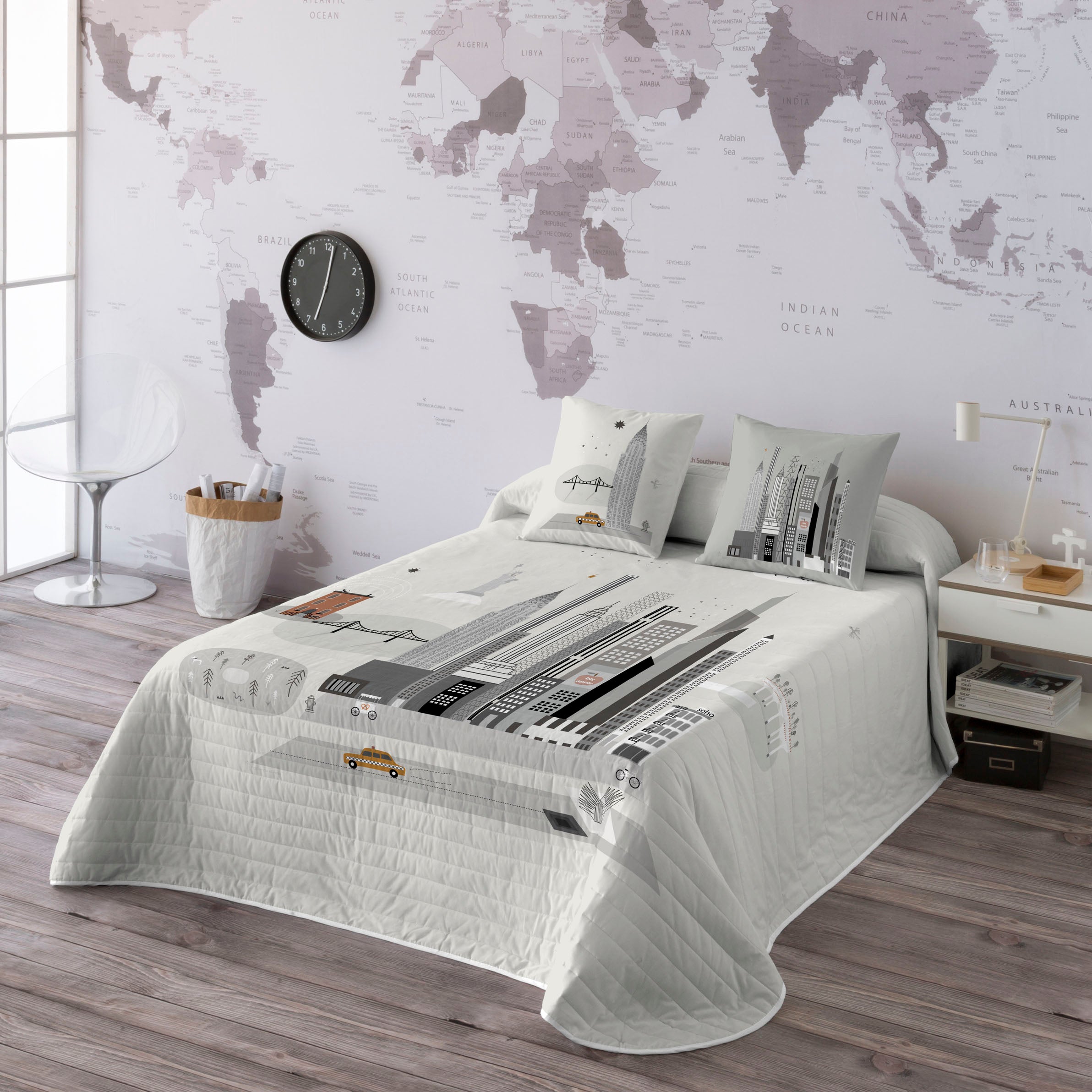 COPRILETTO TRAPUNTATO REVERSIBILE STAMPATO NYC 100% COTONE