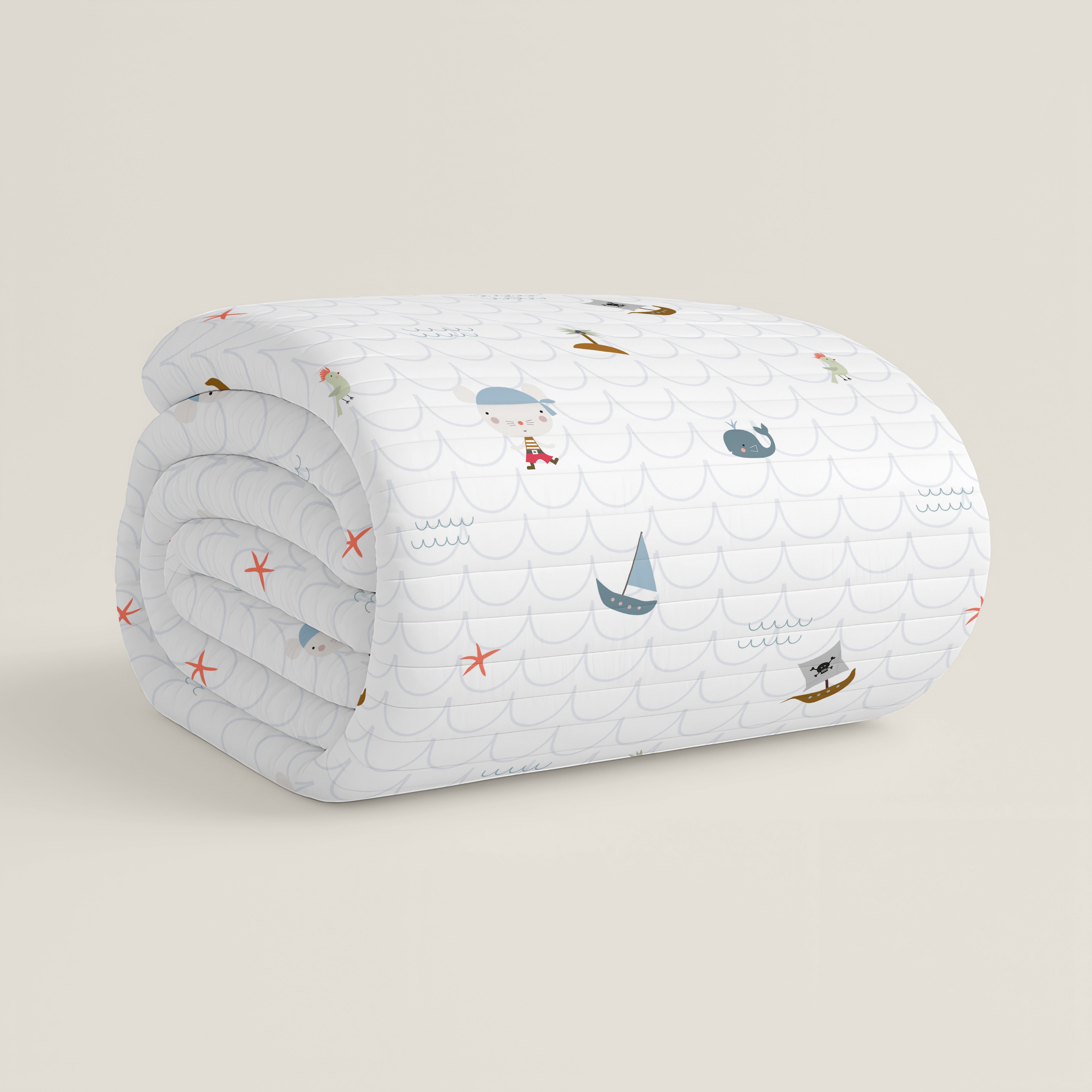 COLCHA BOUTI REVERSIBLE ESTAMPADA BEBÉ CUNA AVENTURA PIRATA 100% ALGODÓN