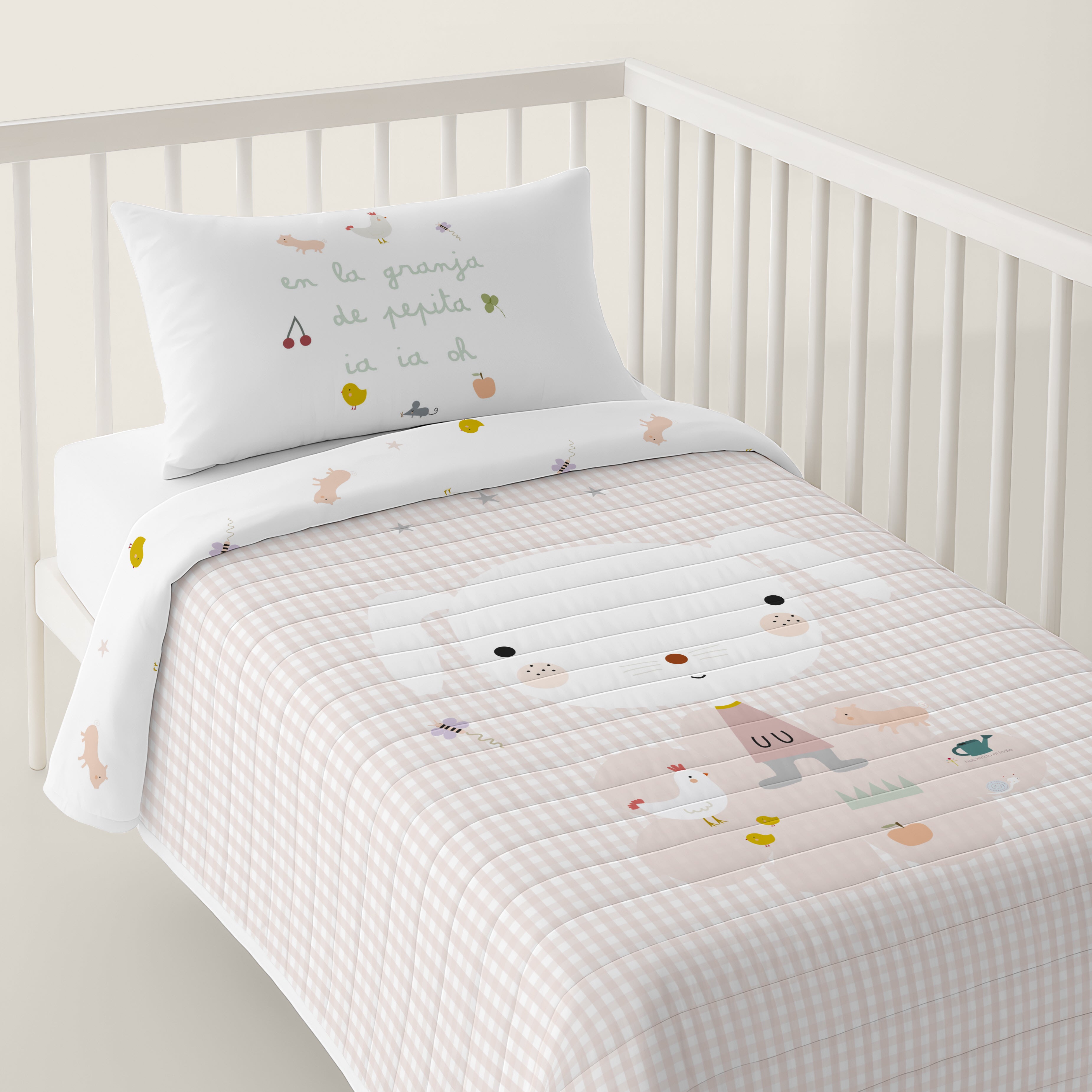 COLCHA BOUTI REVERSIBLE ESTAMPADA BEBÉ CUNA GRANJA 100% ALGODÓN