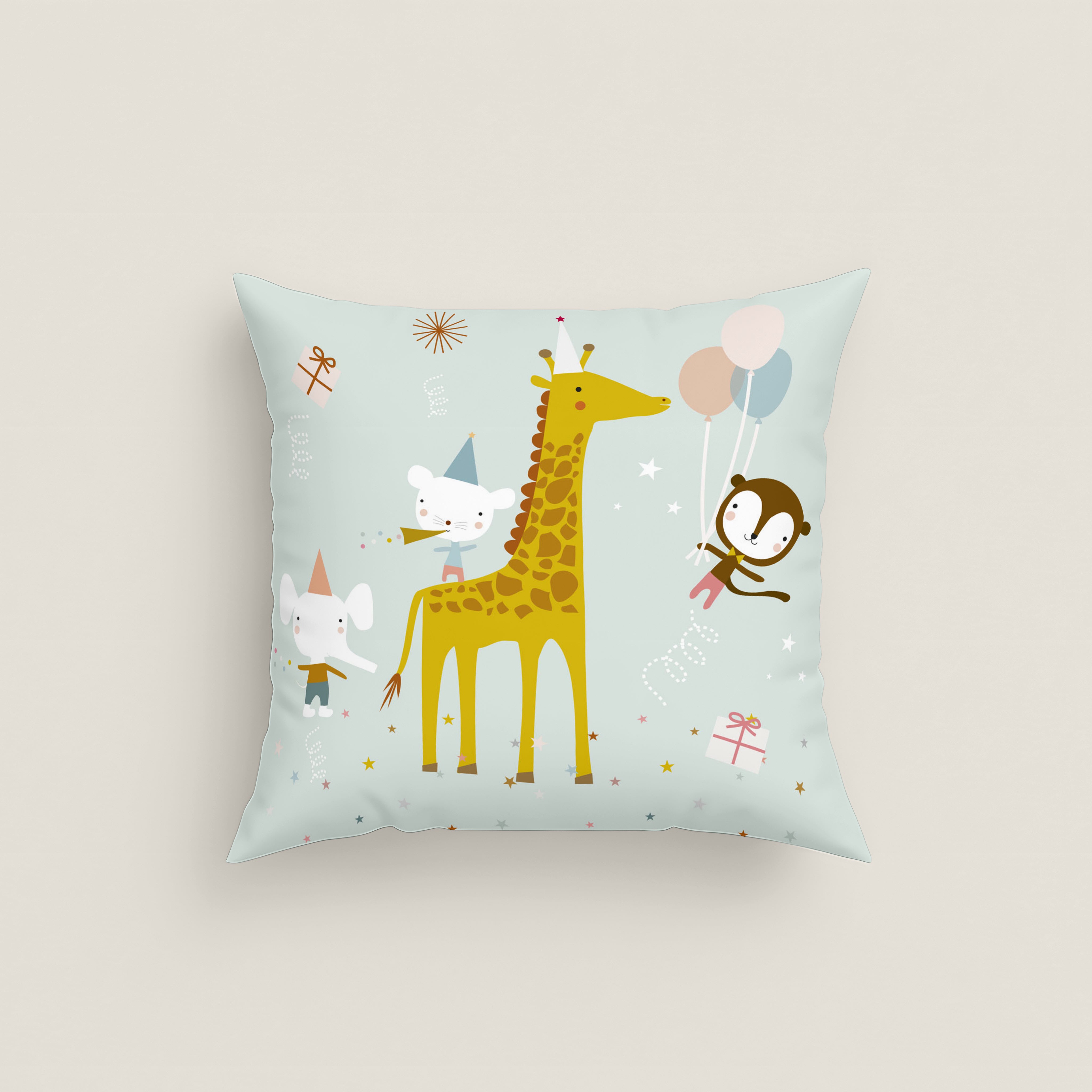 FUNDA DE COJÍN INFANTIL ESTAMPADO FIESTA 100% ALGODÓN