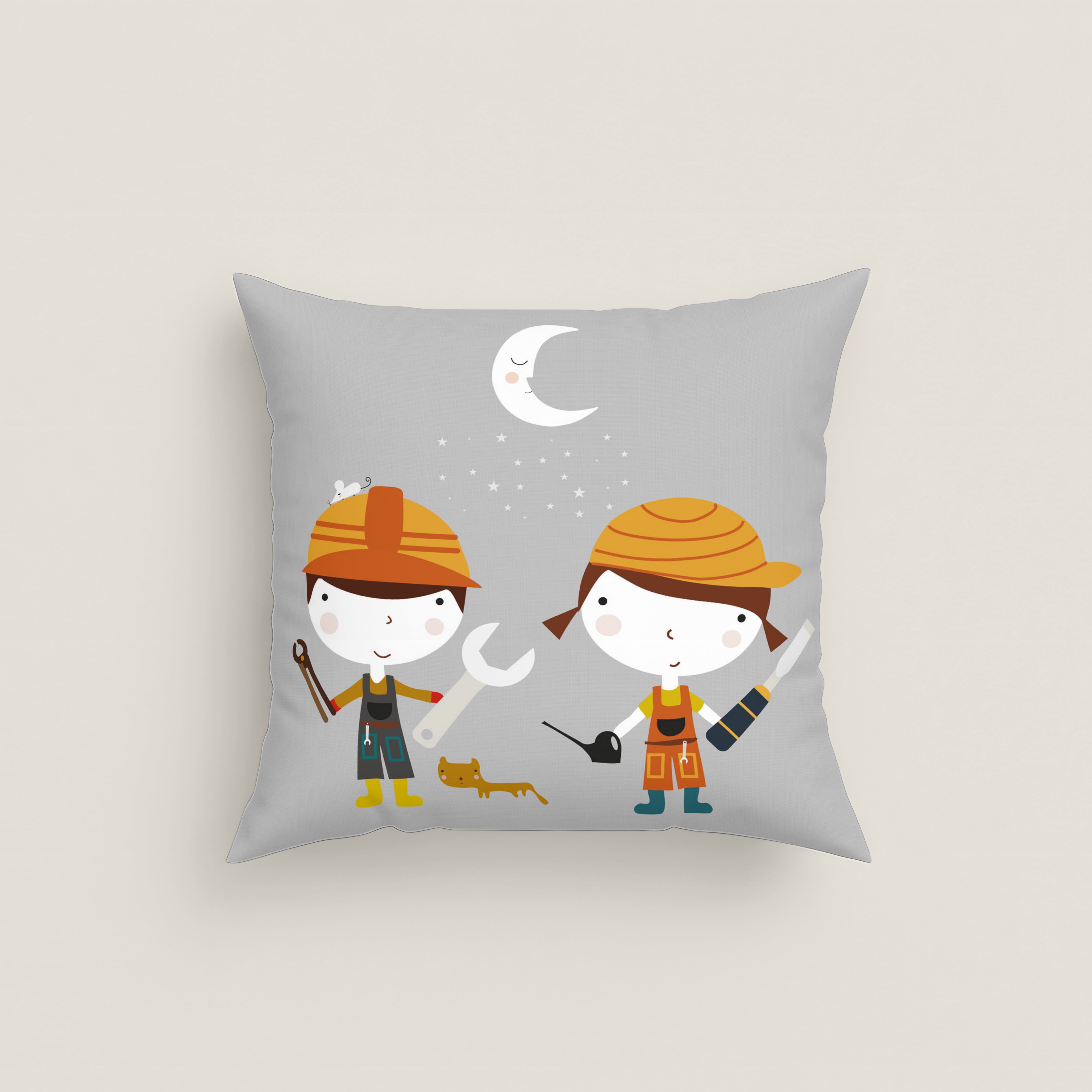 FUNDA DE COJÍN INFANTIL ESTAMPADO HERRAMIENTAS 100% ALGODÓN