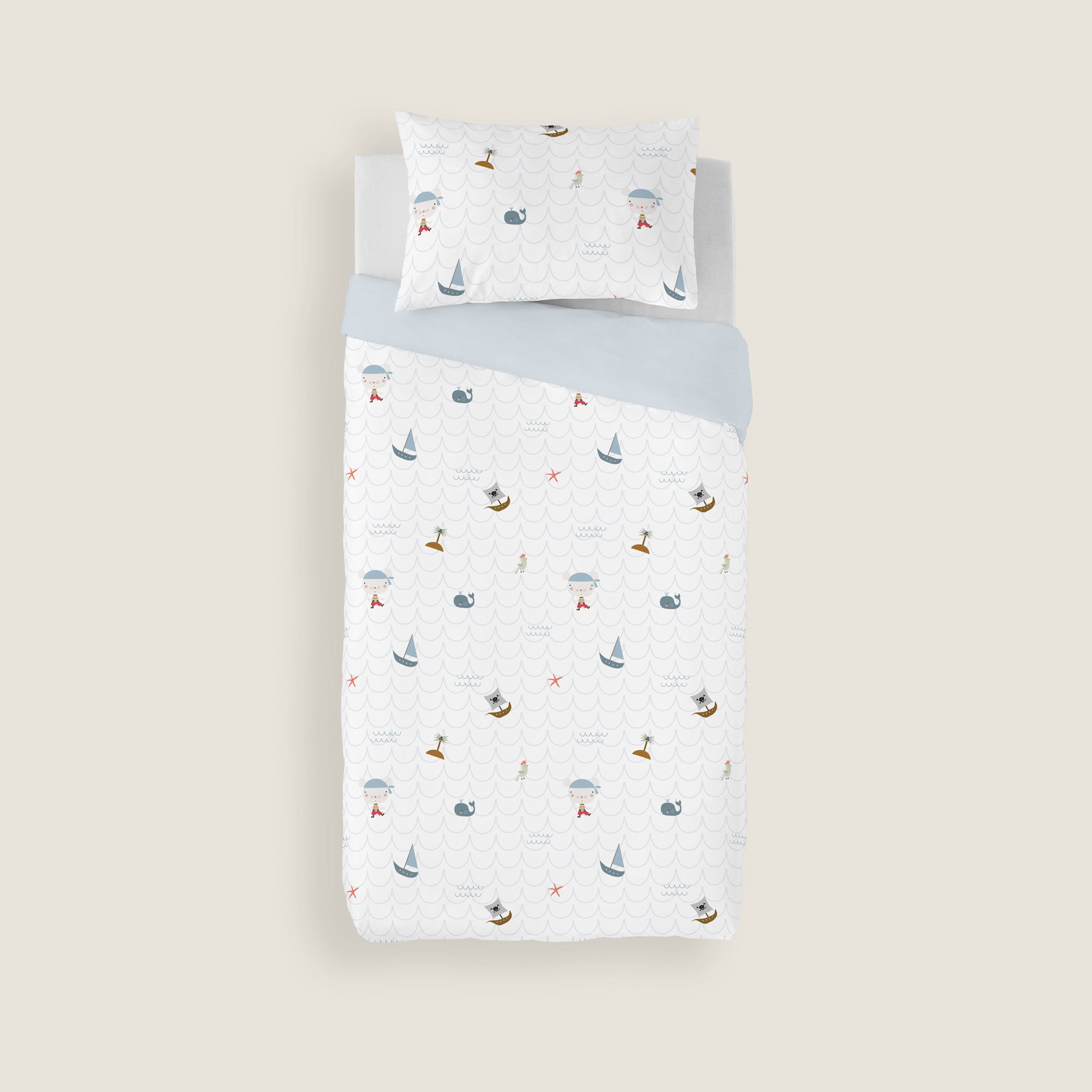 COPRIPIUMINO REVERSIBILE STAMPATO PER BAMBINI AVVENTURA PIRATA 100% COTONE