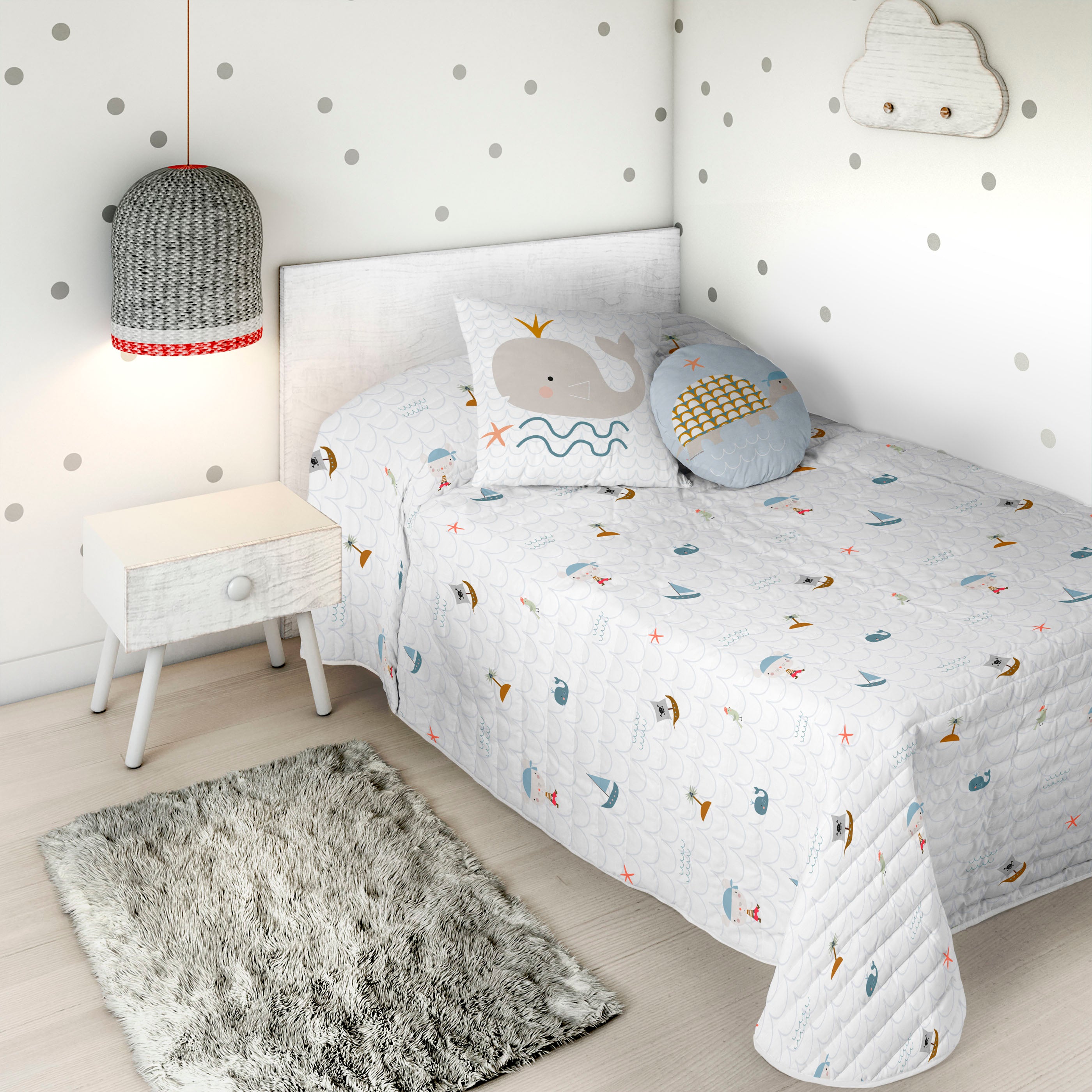 COLCHA BOUTI REVERSIBLE ESTAMPADA INFANTIL AVENTURA PIRATA 100% ALGODÓN