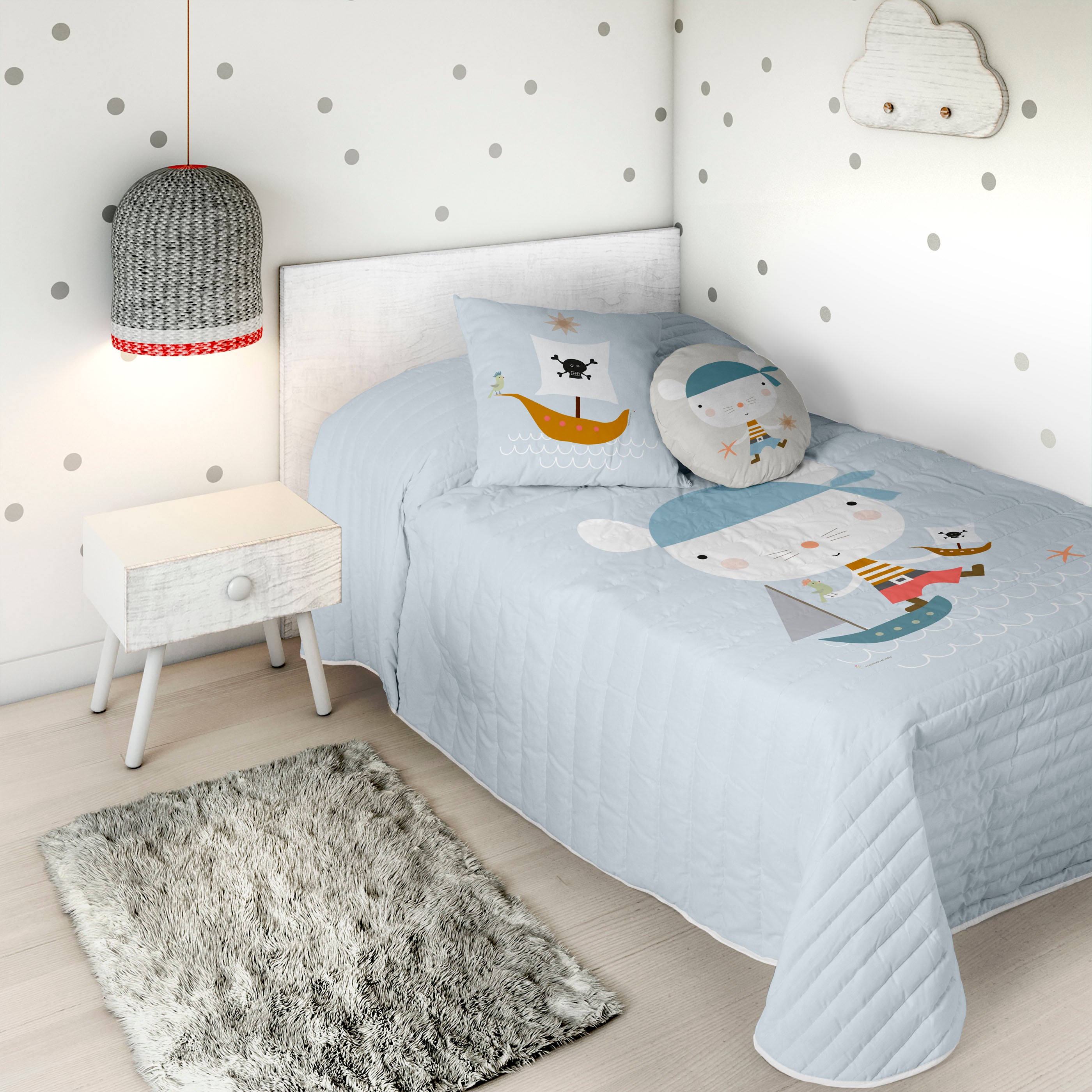 COLCHA BOUTI REVERSIBLE ESTAMPADA INFANTIL AVENTURA PIRATA 100% ALGODÓN