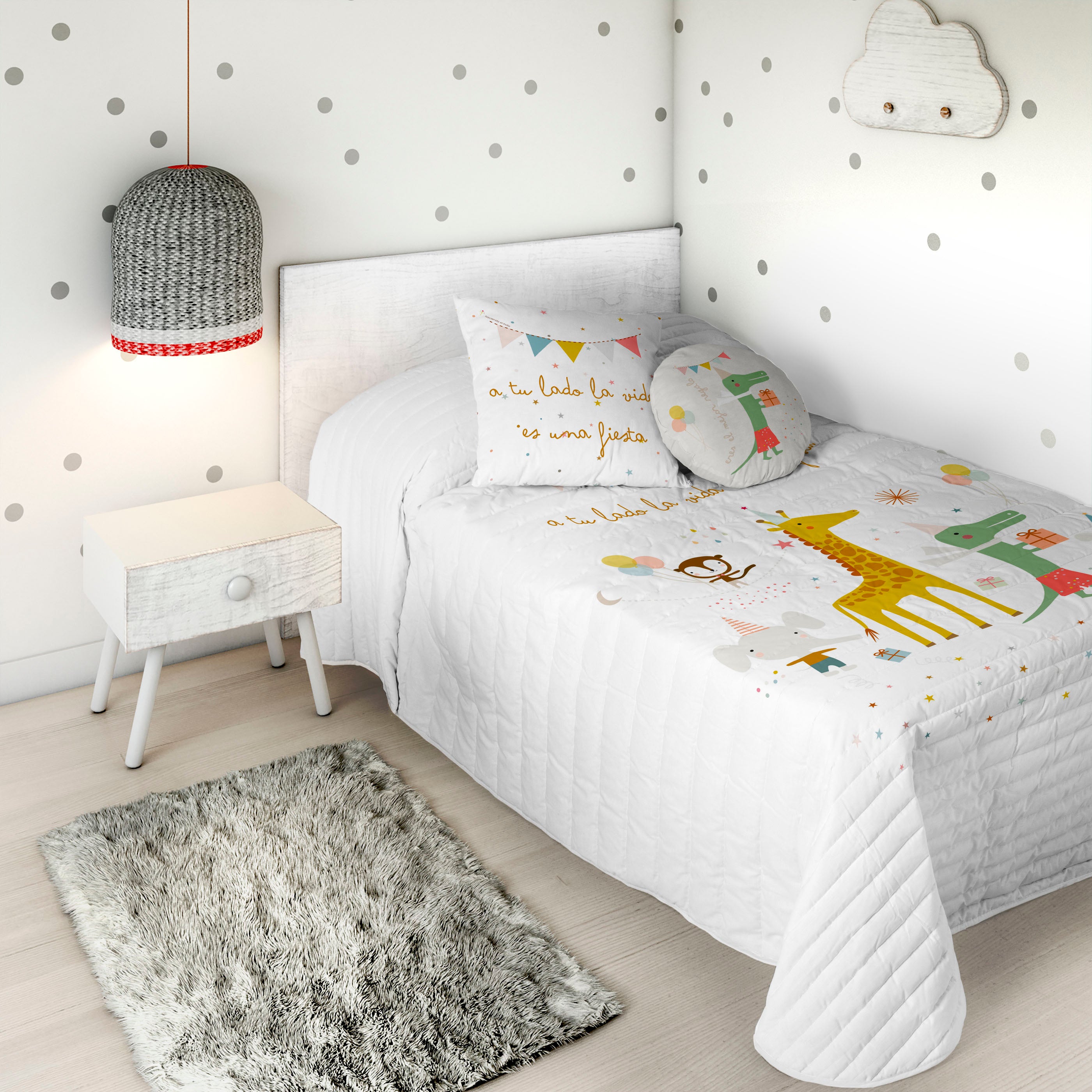 COLCHA BOUTI REVERSIBLE ESTAMPADA INFANTIL FIESTA 100% ALGODÓN