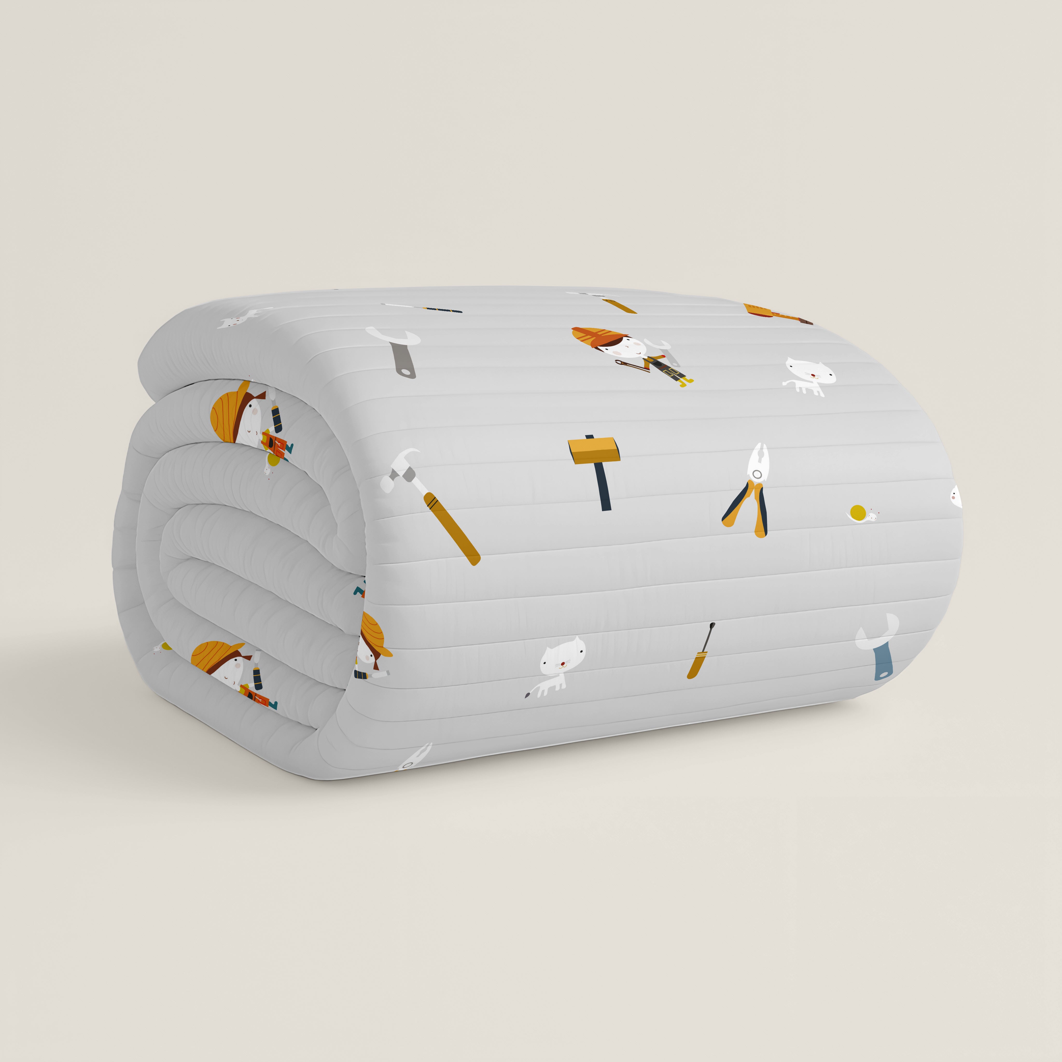 COLCHA BOUTI REVERSIBLE ESTAMPADA INFANTIL HERRAMIENTAS 100% ALGODÓN