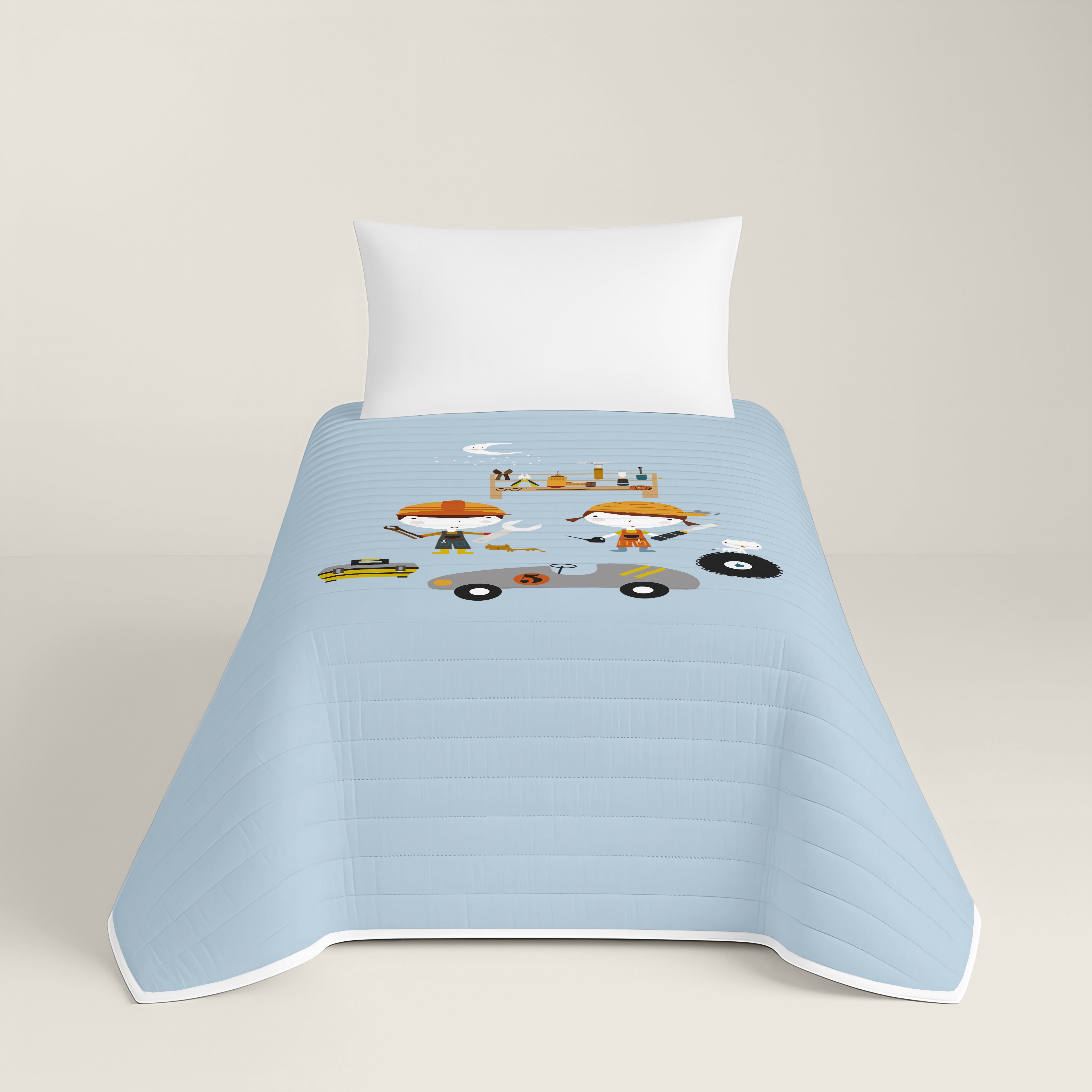 COLCHA BOUTI REVERSIBLE ESTAMPADA INFANTIL HERRAMIENTAS 100% ALGODÓN