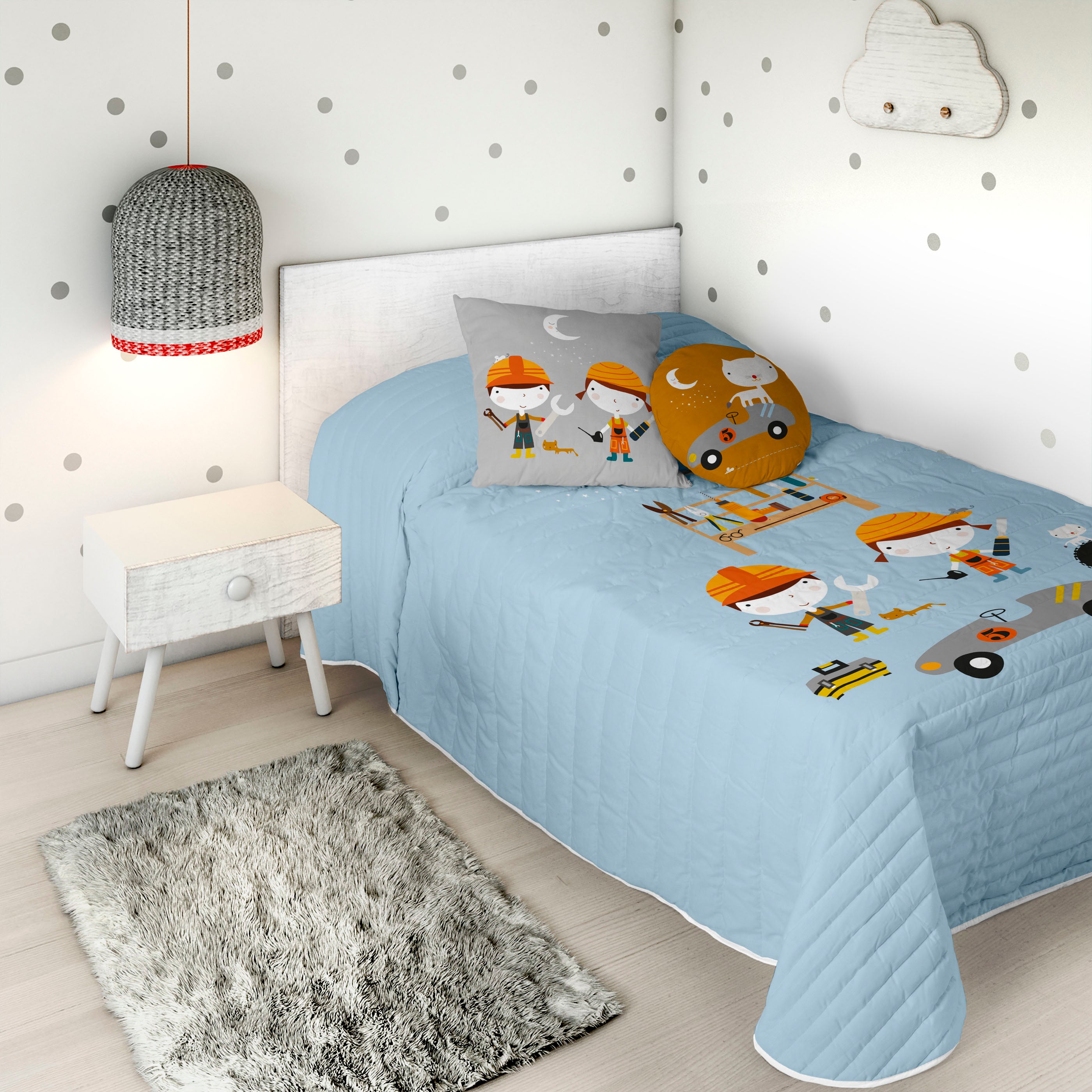 COLCHA BOUTI REVERSIBLE ESTAMPADA INFANTIL HERRAMIENTAS 100% ALGODÓN