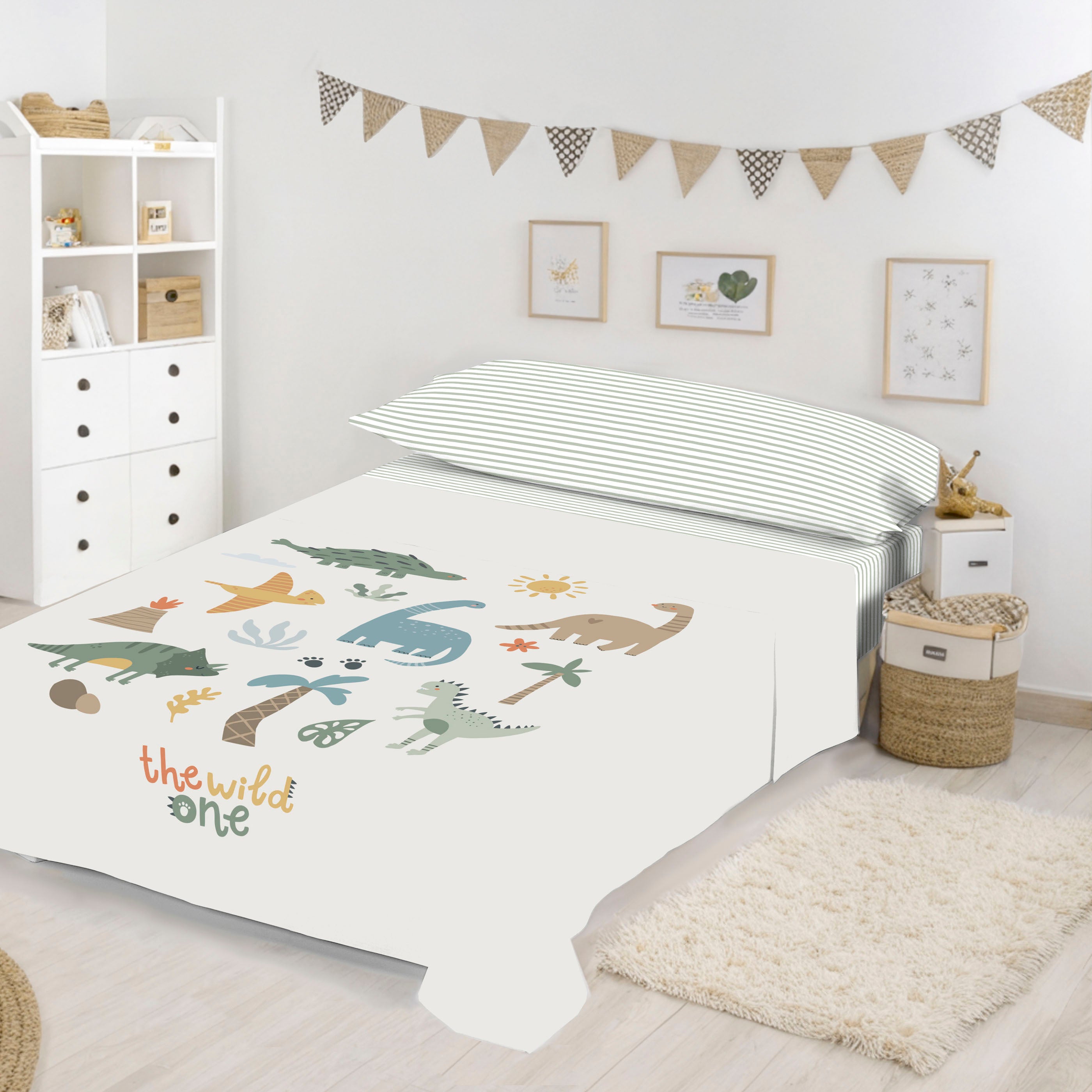 JUEGO SÁBANAS ESTAMPADAS INFANTIL DINOLAND 100% ALGODÓN