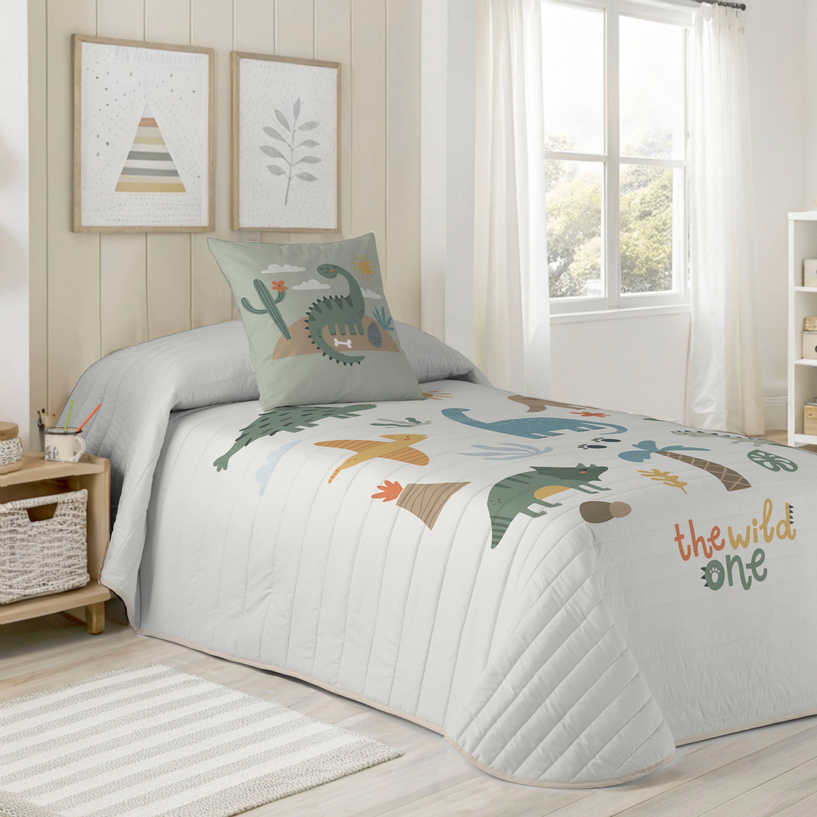 COLCHA BOUTI REVERSIBLE ESTAMPADA INFANTIL DINOLAND 100% ALGODÓN