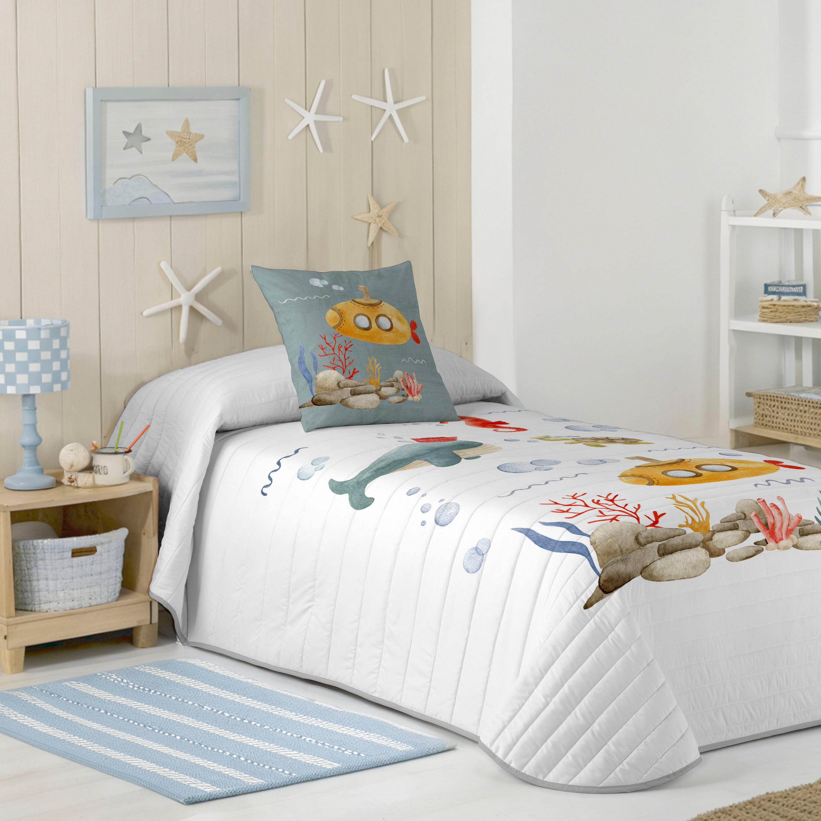 COLCHA BOUTI REVERSIBLE ESTAMPADA INFANTIL SUBMARINE 100% ALGODÓN