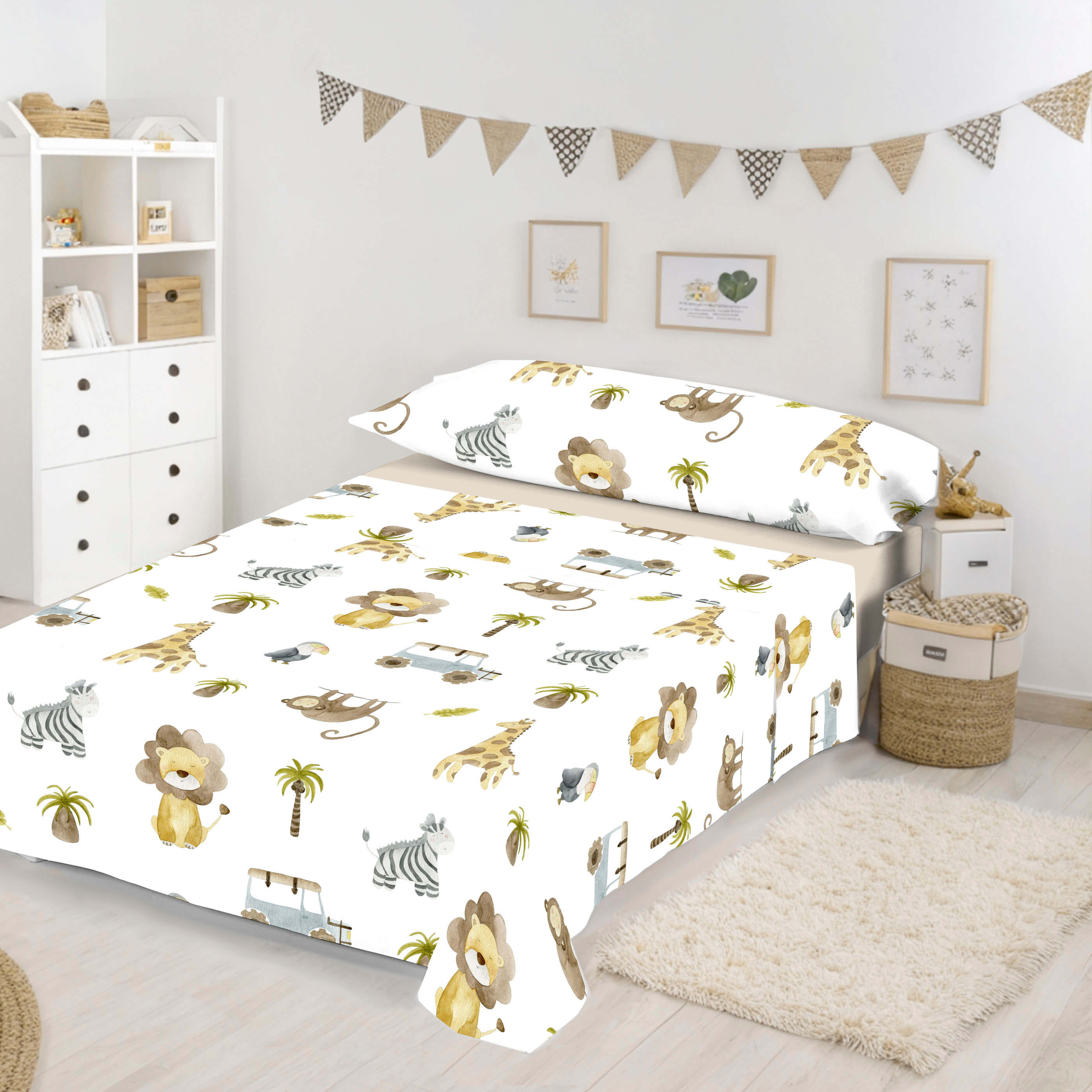 JUEGO SÁBANAS ESTAMPADAS INFANTIL SERENGETI 100% ALGODÓN