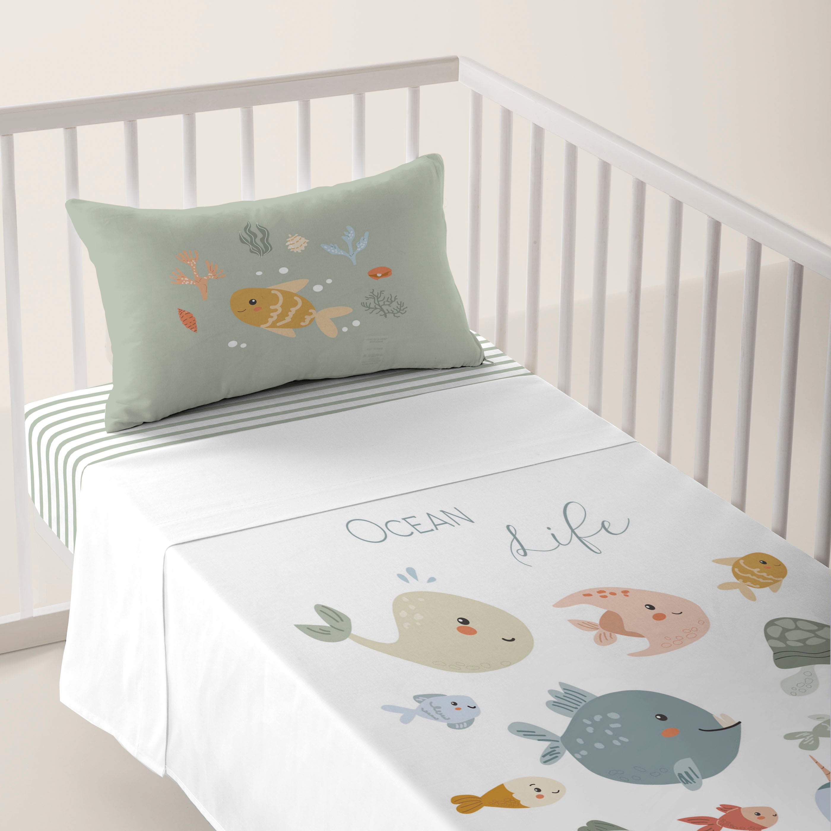 JUEGO DE SÁBANAS CUNA BEBÉ OCEAN LIFE 100% ALGODÓN
