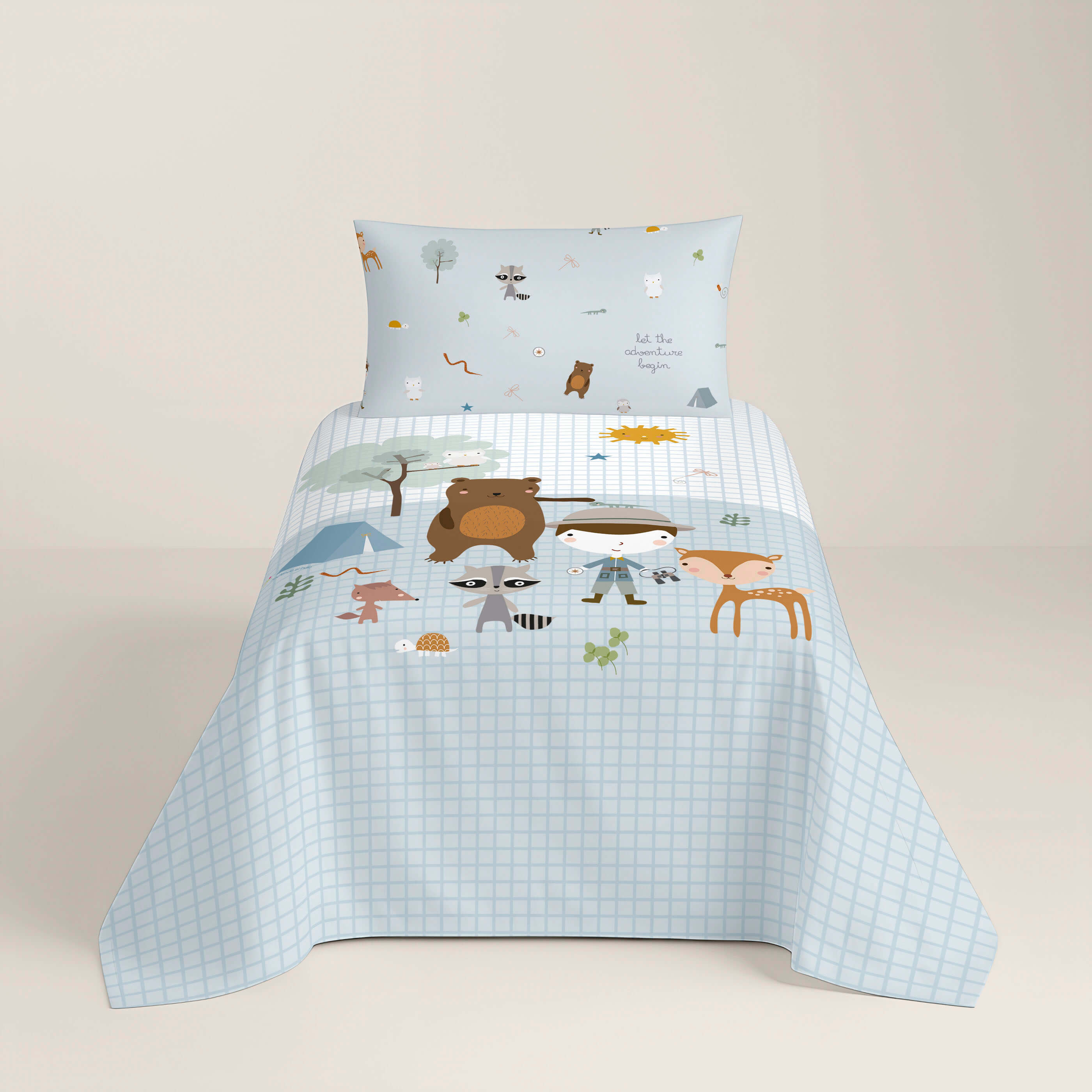 COPRIPIUMINO REVERSIBILE STAMPATO PER BAMBINI AVVENTURA BOSCO 100% COTONE