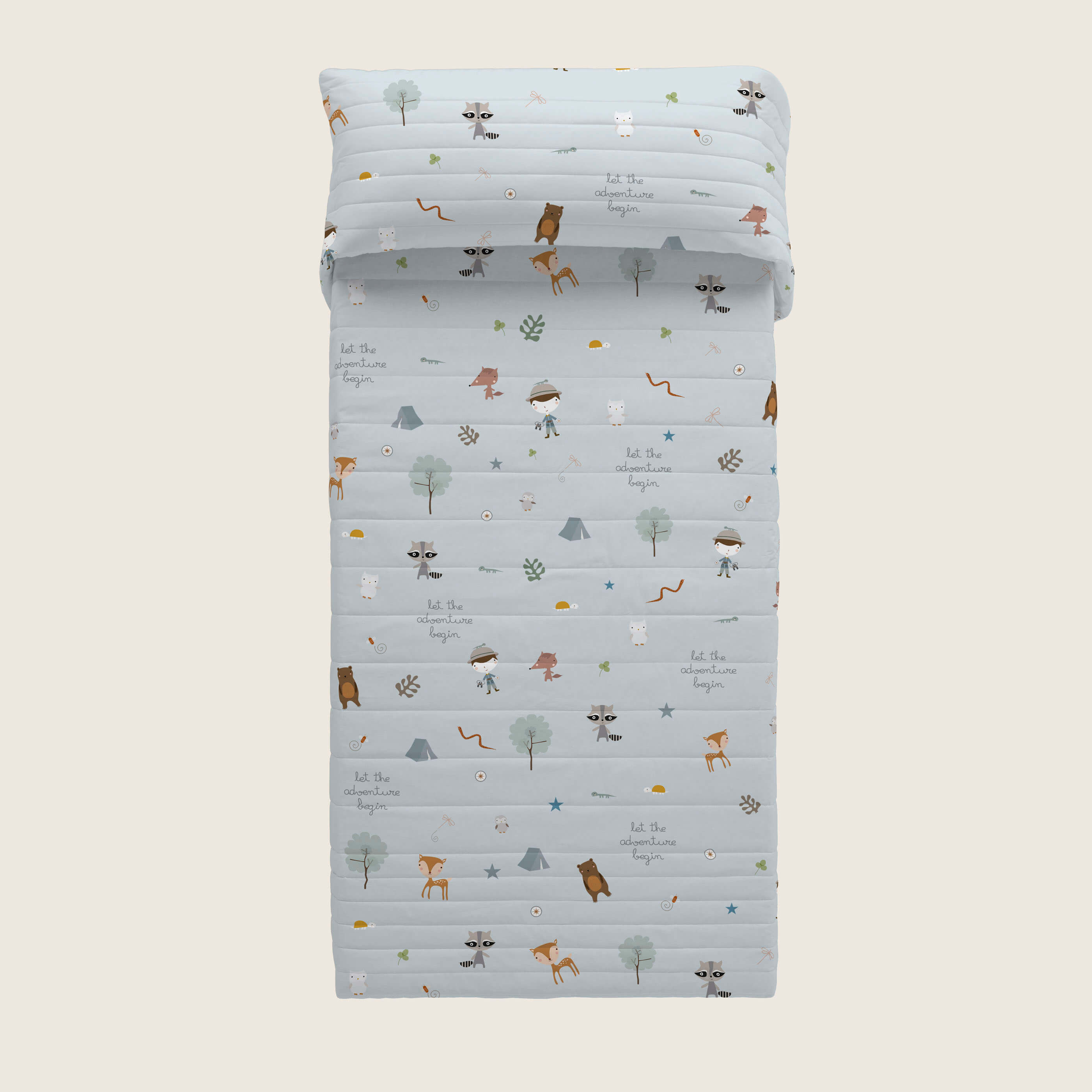 COLCHA BOUTI REVERSIBLE ESTAMPADA INFANTIL AVENTURA BOSQUE 100% ALGODÓN