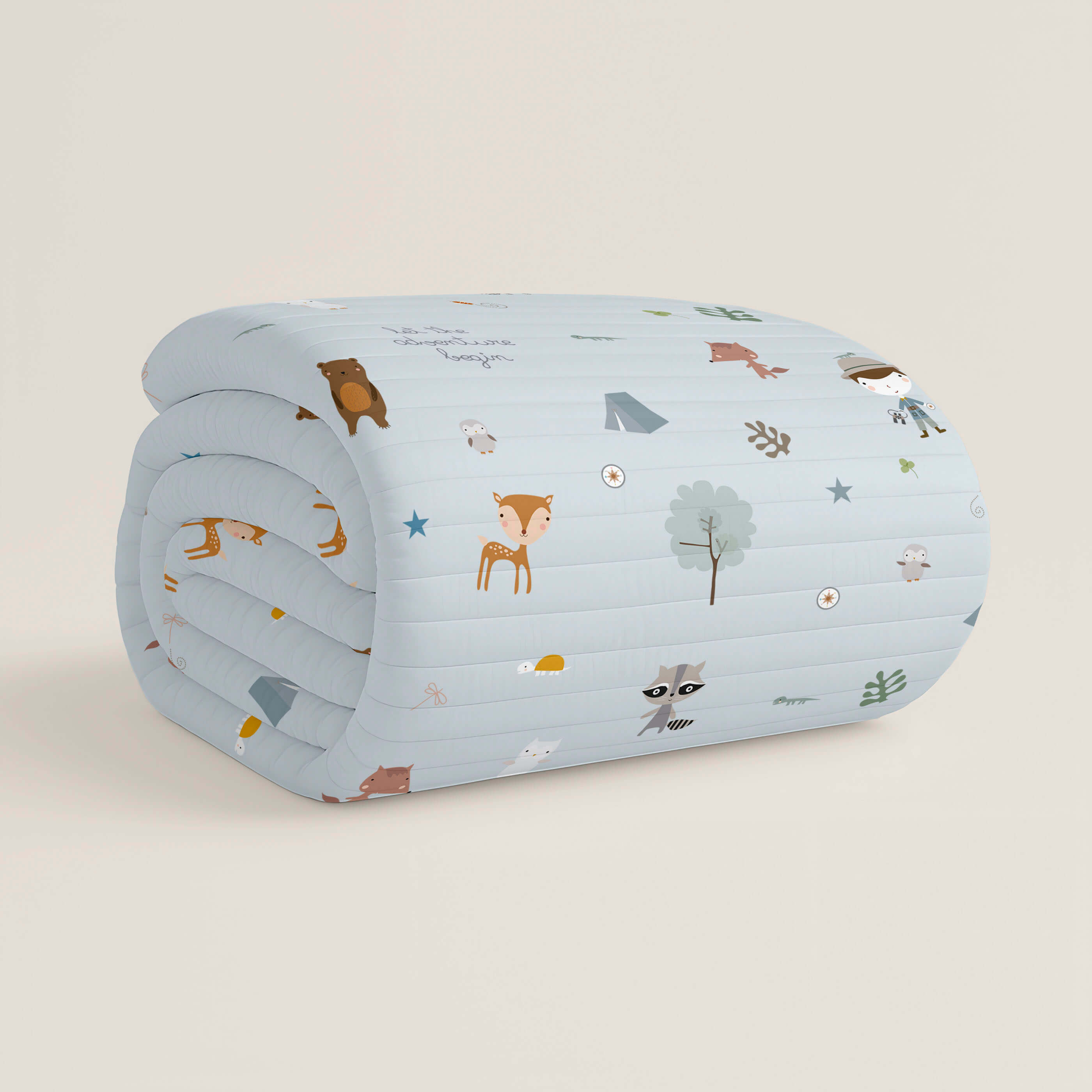 COLCHA BOUTI REVERSIBLE ESTAMPADA INFANTIL AVENTURA BOSQUE 100% ALGODÓN