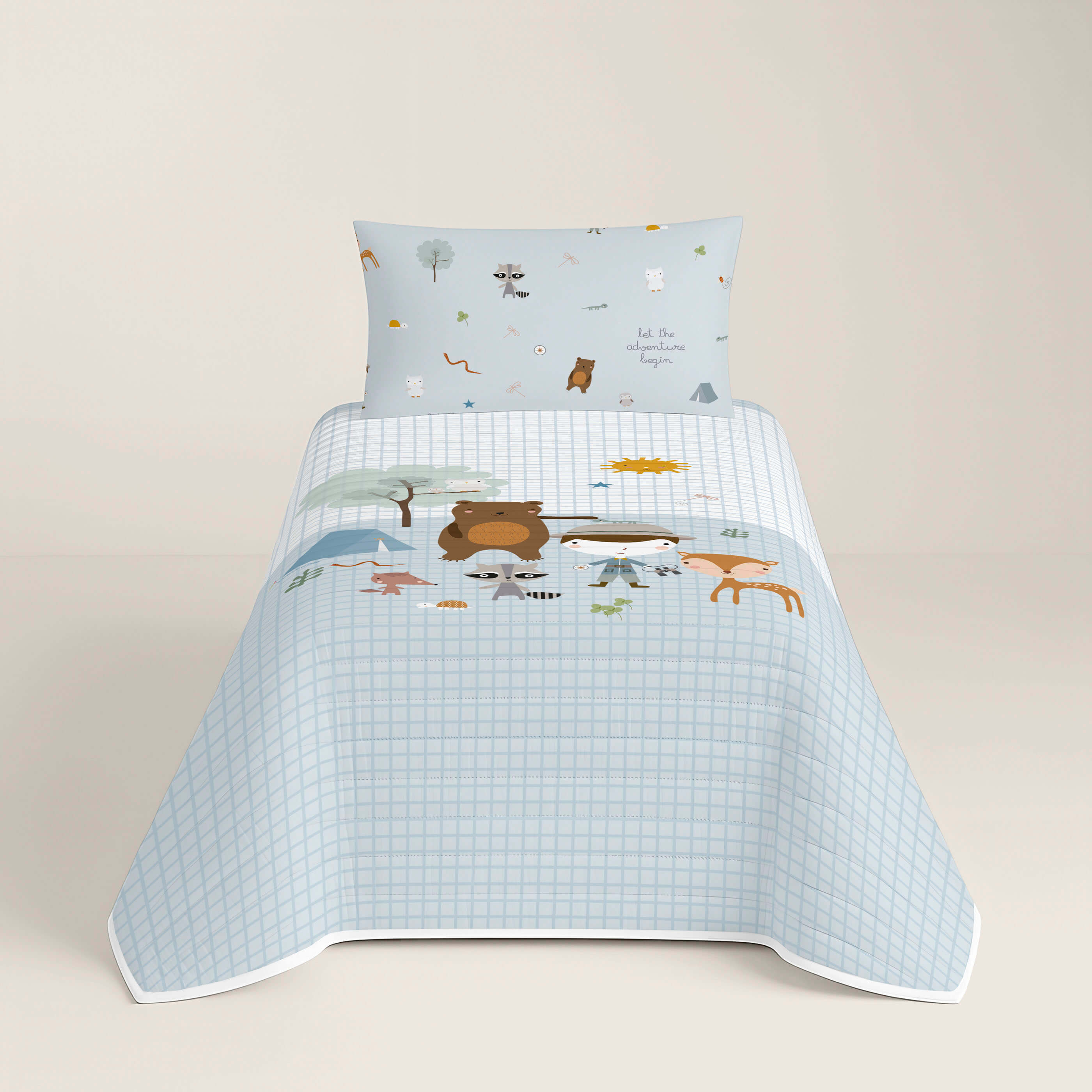 COLCHA BOUTI REVERSIBLE ESTAMPADA INFANTIL AVENTURA BOSQUE 100% ALGODÓN