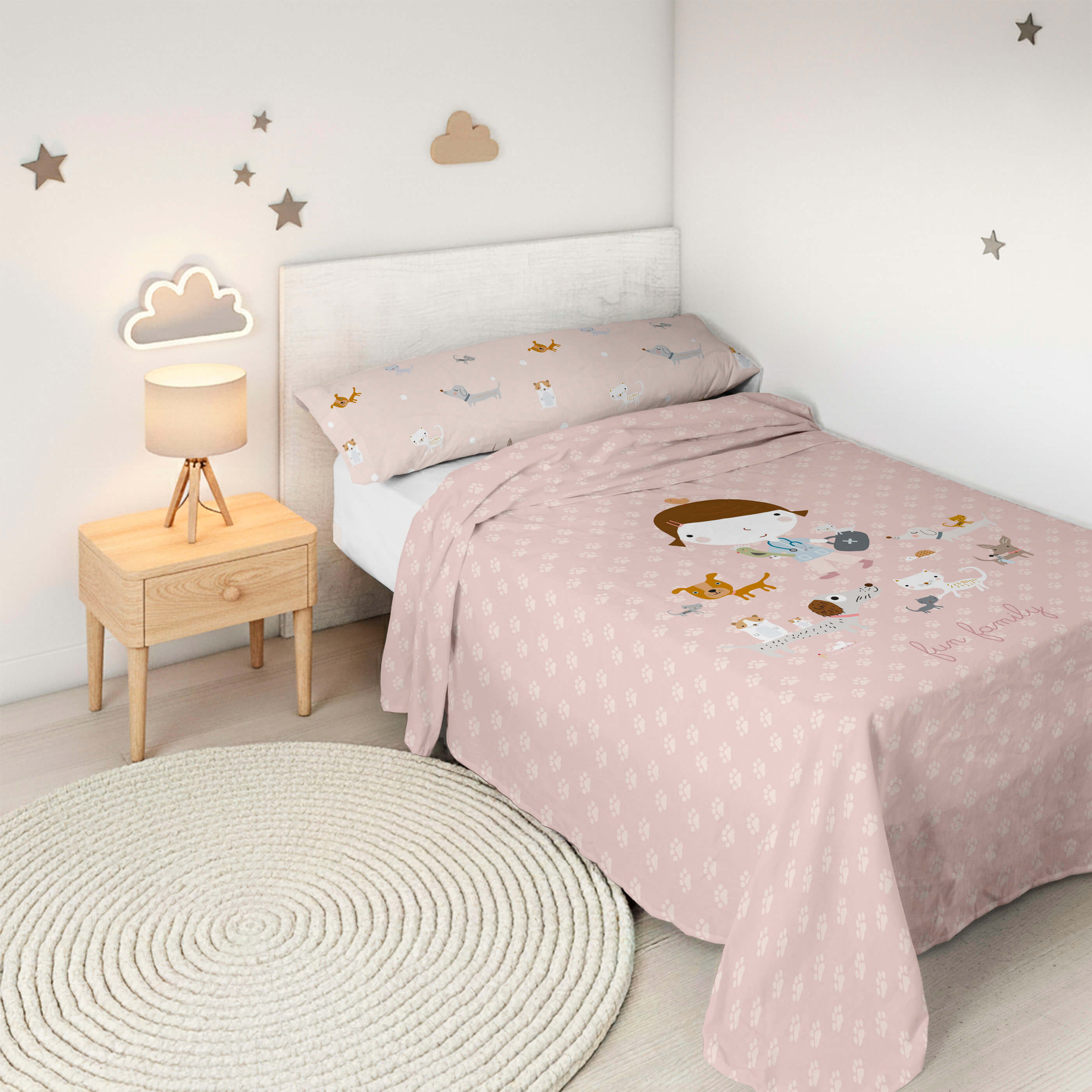 SET LENZUOLA STAMPATE PER BAMBINI AMICI PELOSI IN 100% COTONE