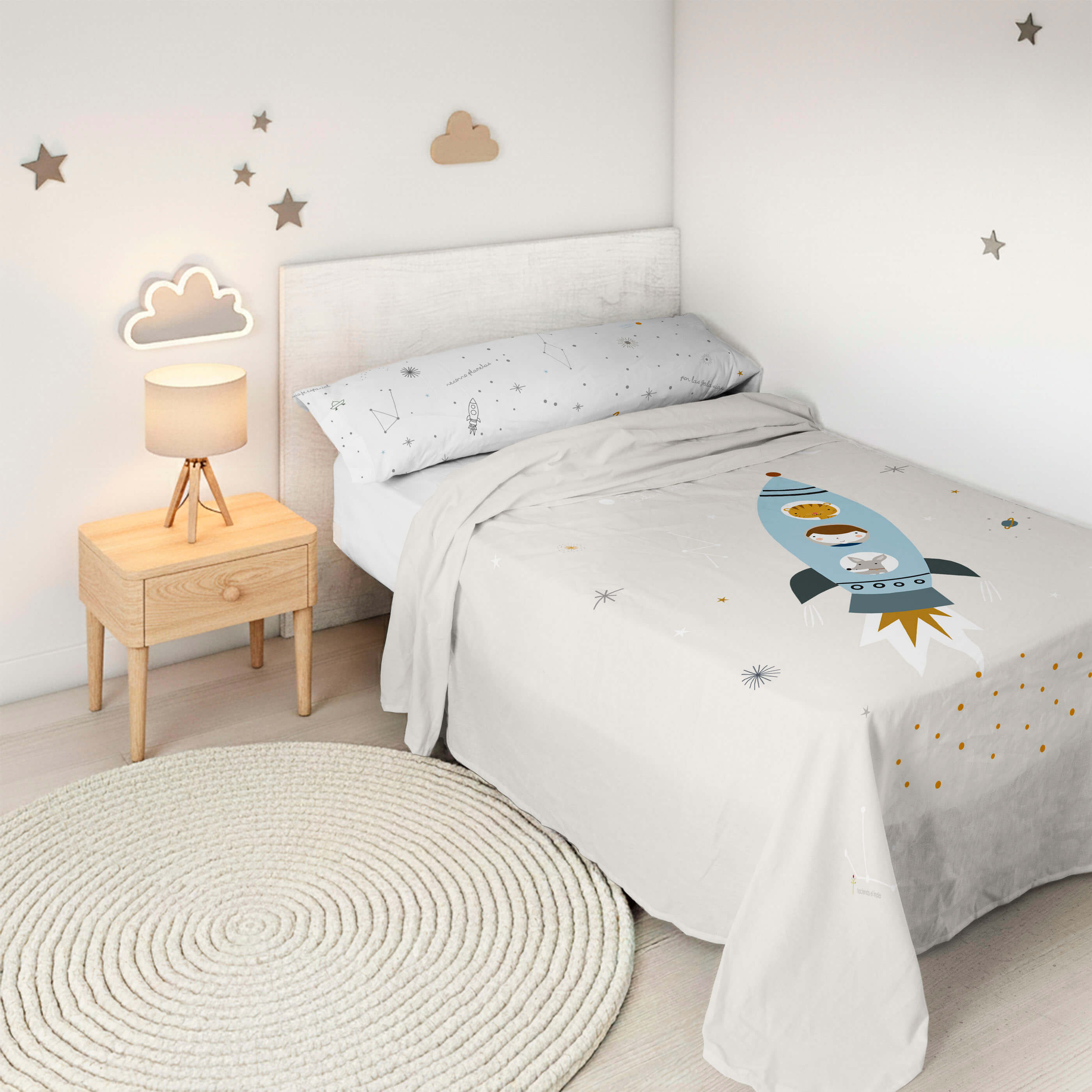 JUEGO SÁBANAS ESTAMPADAS INFANTIL VIAJE ESPACIAL A 100% ALGODÓN