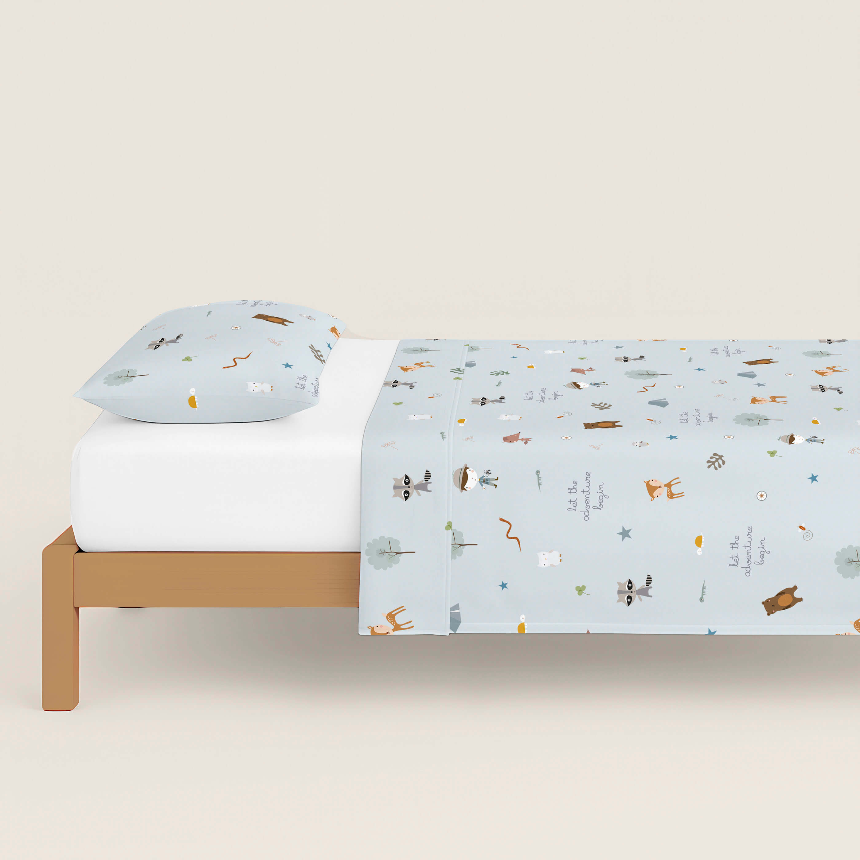 JUEGO SÁBANAS ESTAMPADAS INFANTIL AVENTURA BOSQUE B 100% ALGODÓN