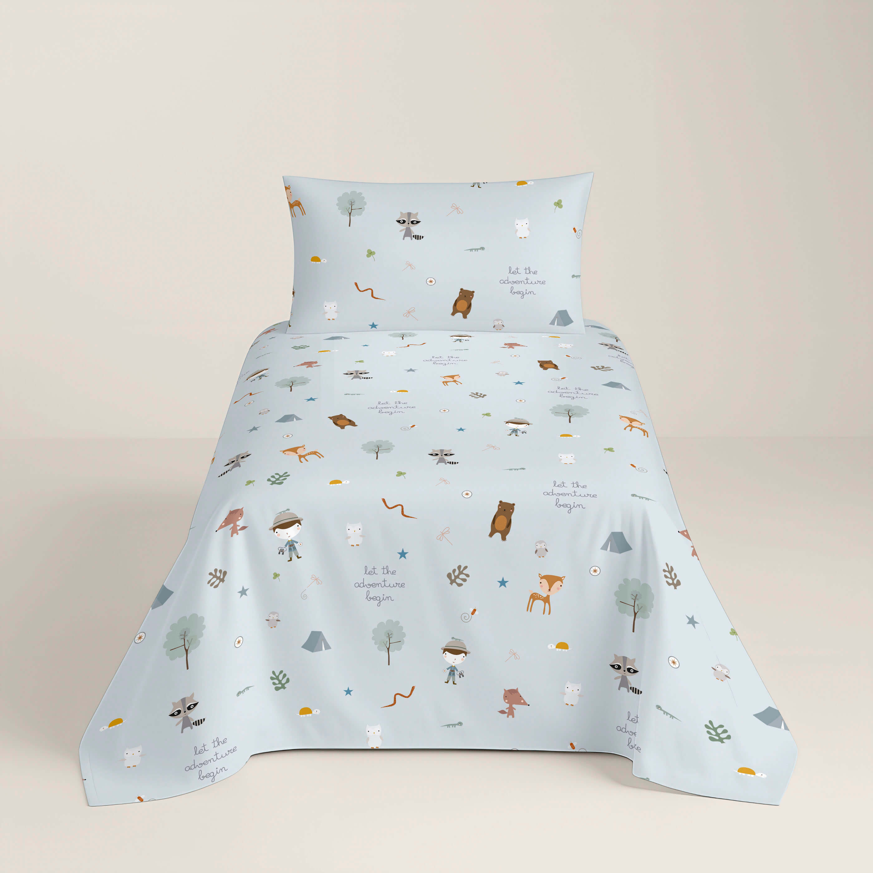 JUEGO SÁBANAS ESTAMPADAS INFANTIL AVENTURA BOSQUE B 100% ALGODÓN