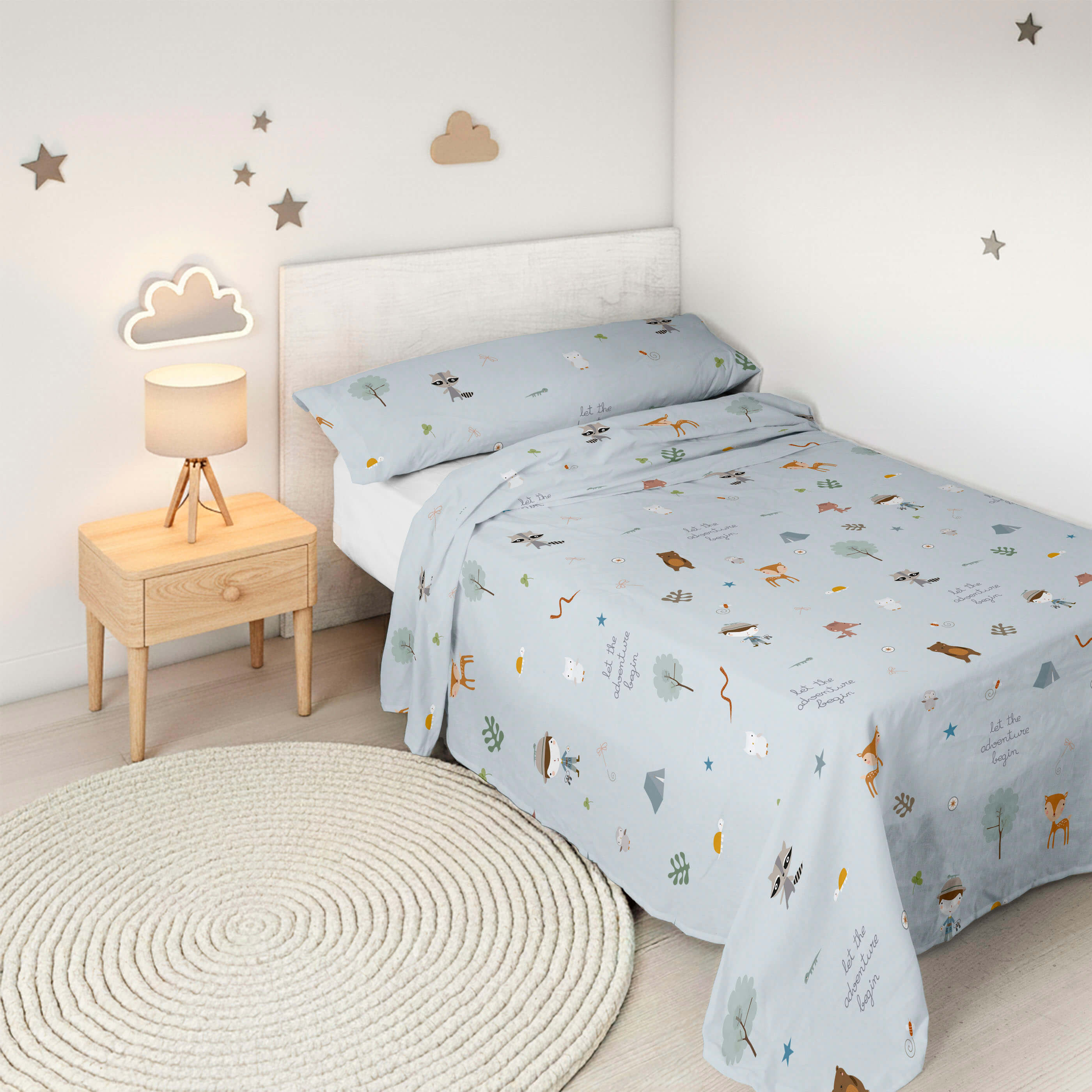 JUEGO SÁBANAS ESTAMPADAS INFANTIL AVENTURA BOSQUE B 100% ALGODÓN