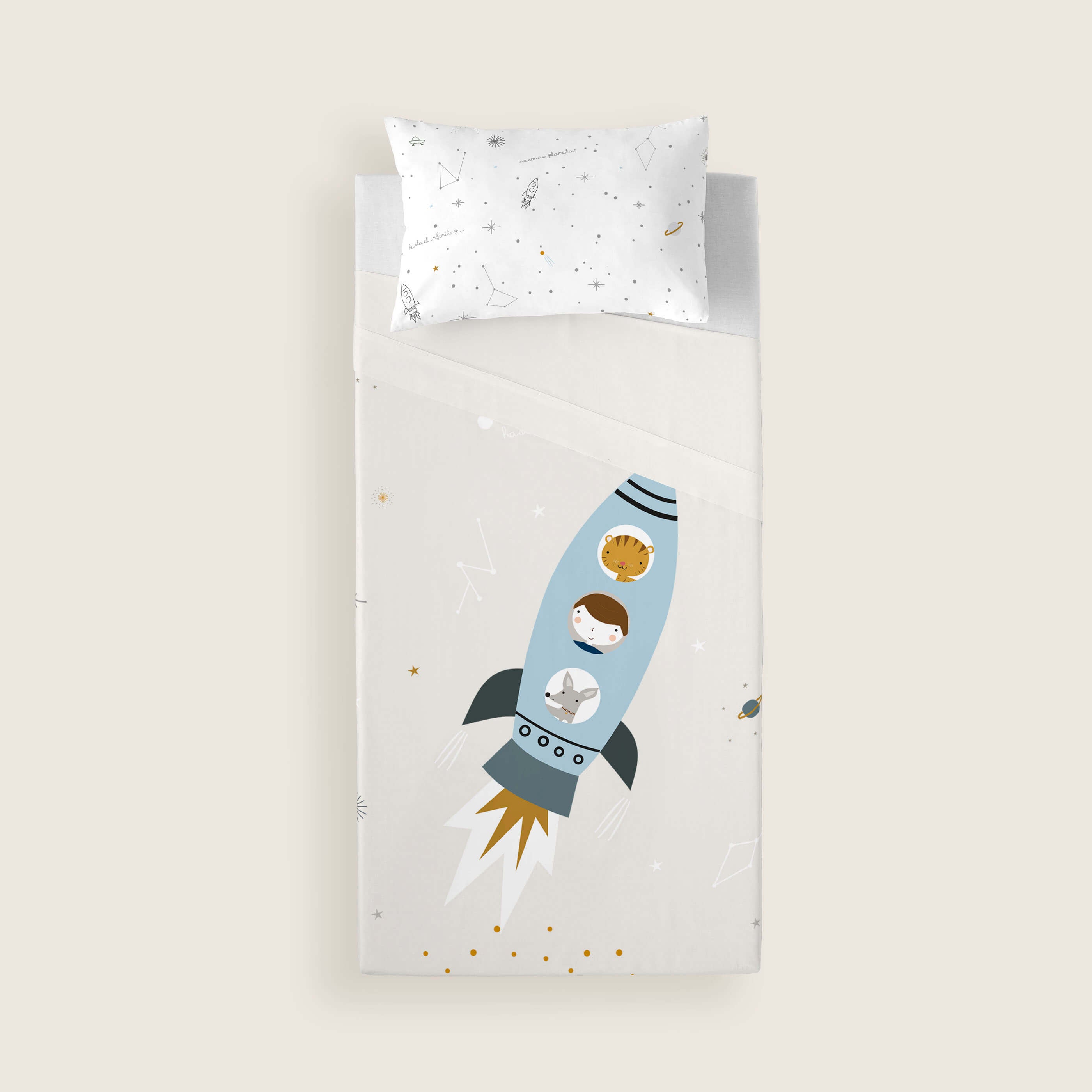 COMPLETO LENZUOLA CULLA NEONATO VIAGGIO SPAZIALE A 100% COTONE