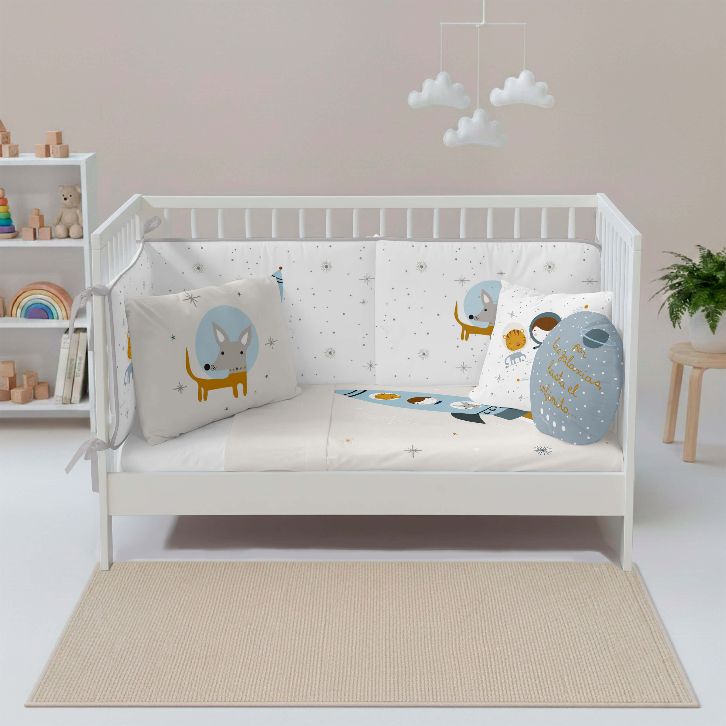 COMPLETO LENZUOLA CULLA NEONATO VIAGGIO SPAZIALE A 100% COTONE