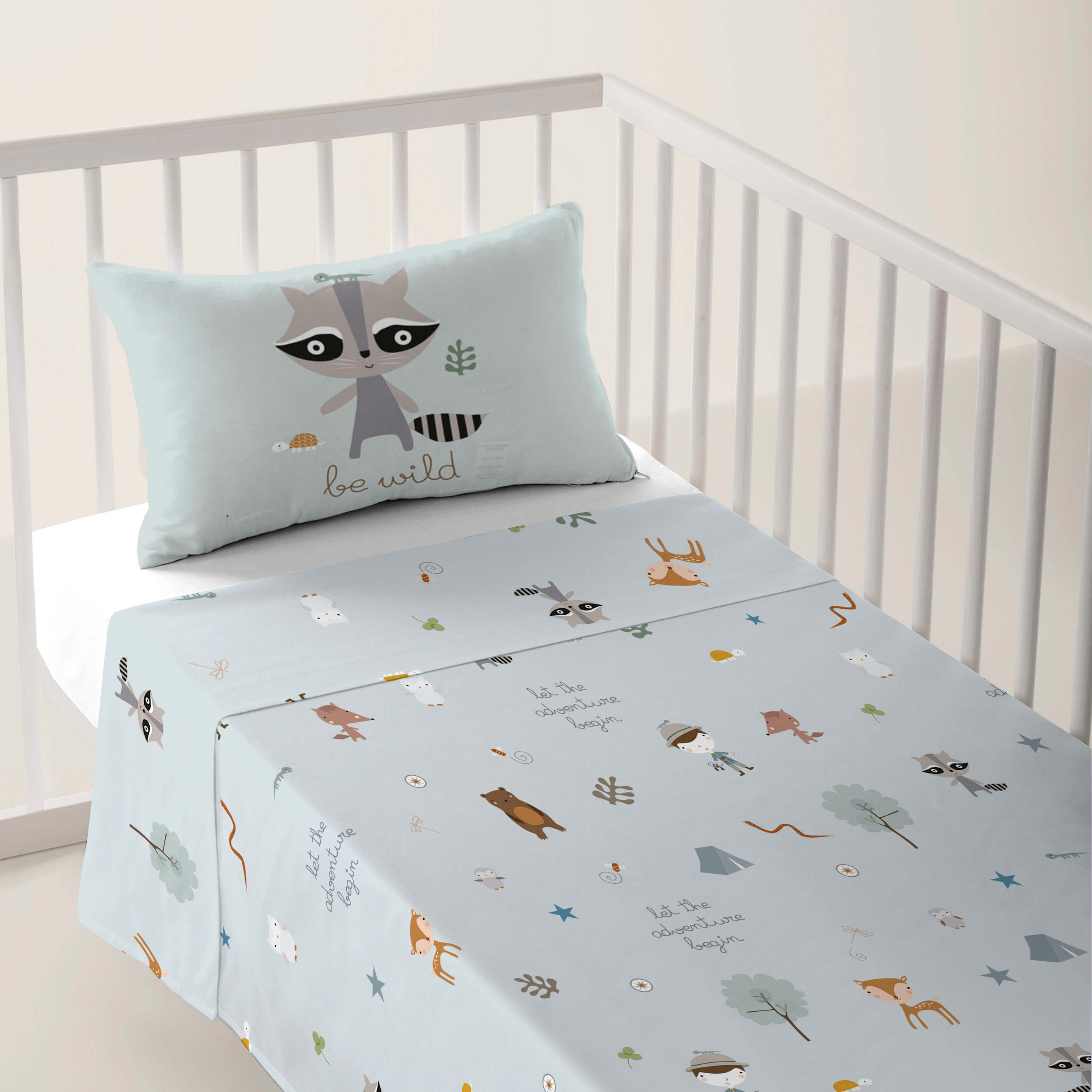 JUEGO DE SÁBANAS CUNA BEBÉ AVENTURA BOSQUE B 100% ALGODÓN