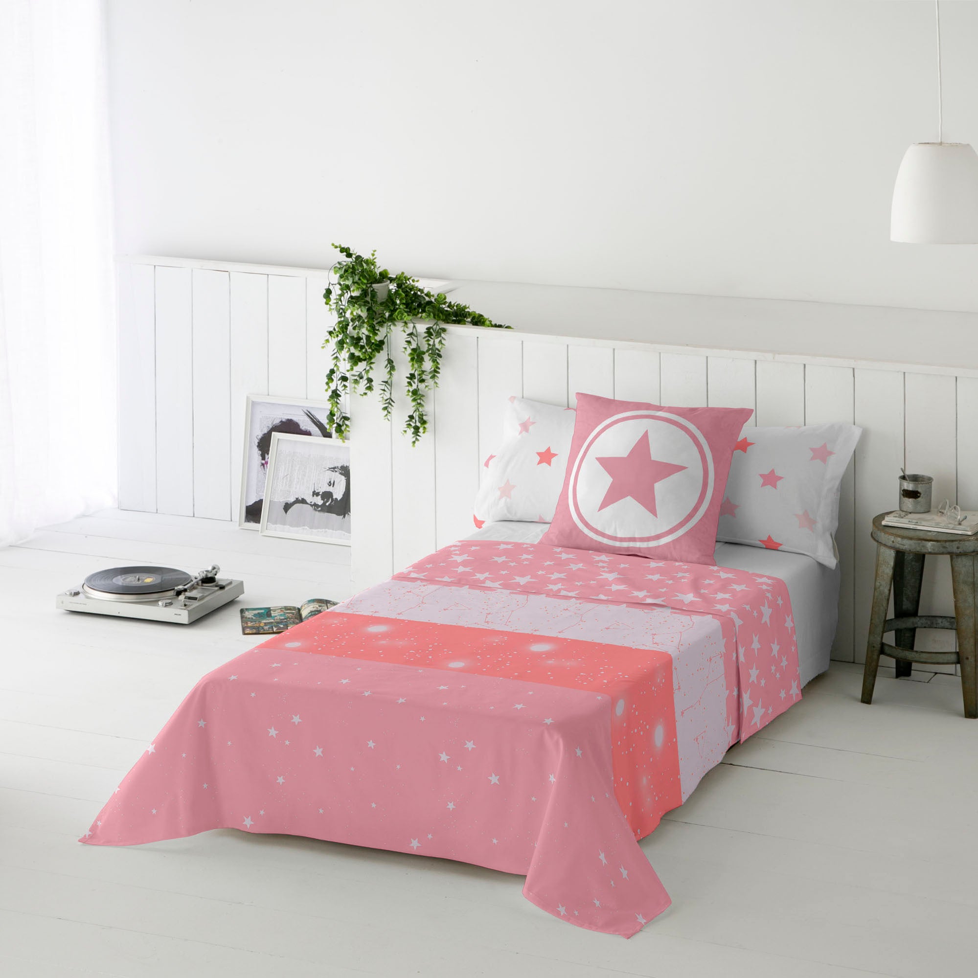 JUEGO SÁBANAS ESTAMPADAS INFANTIL INDIGO A ROSA 100% ALGODÓN