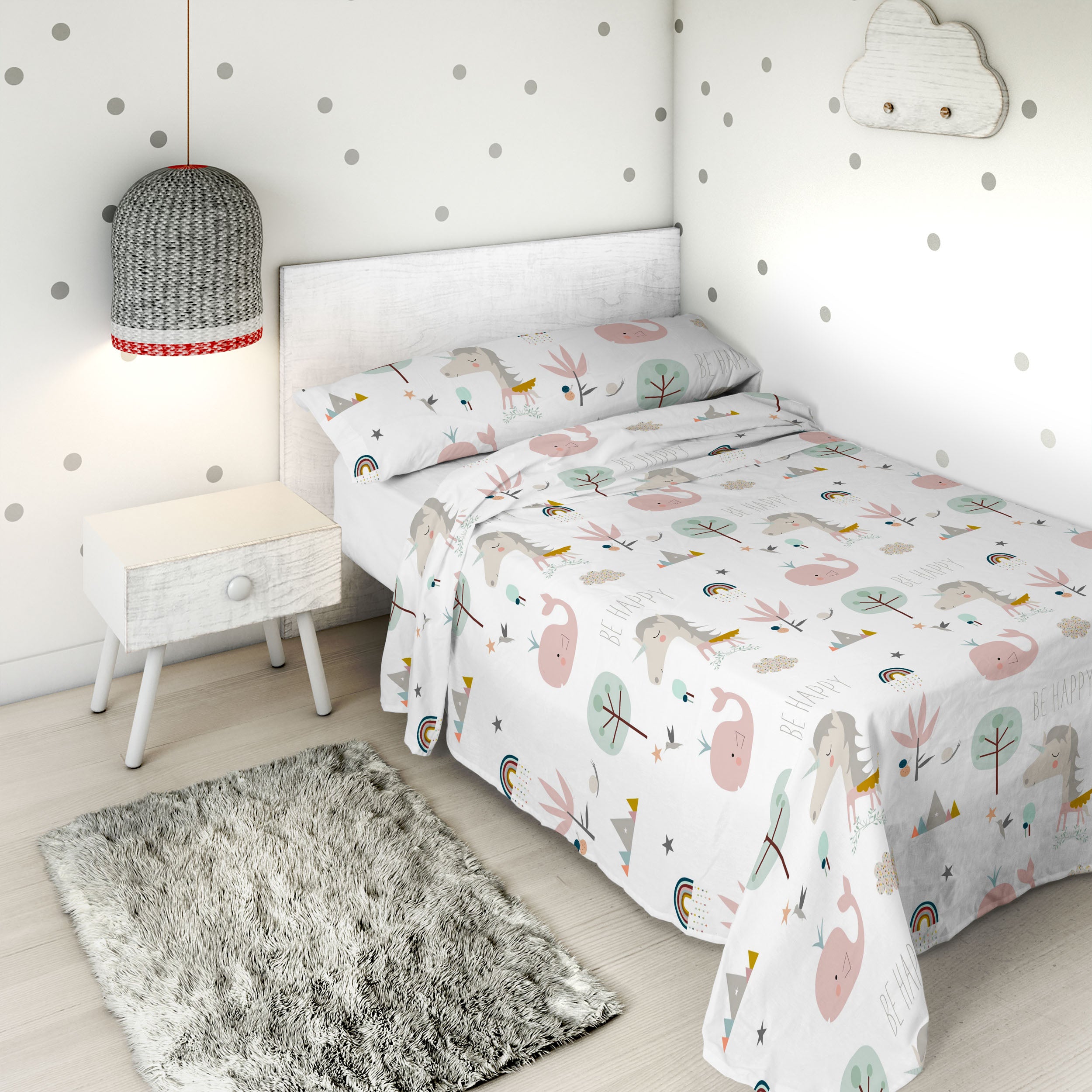 JUEGO SÁBANAS ESTAMPADAS INFANTIL RAINBOWLAND 100% ALGODÓN