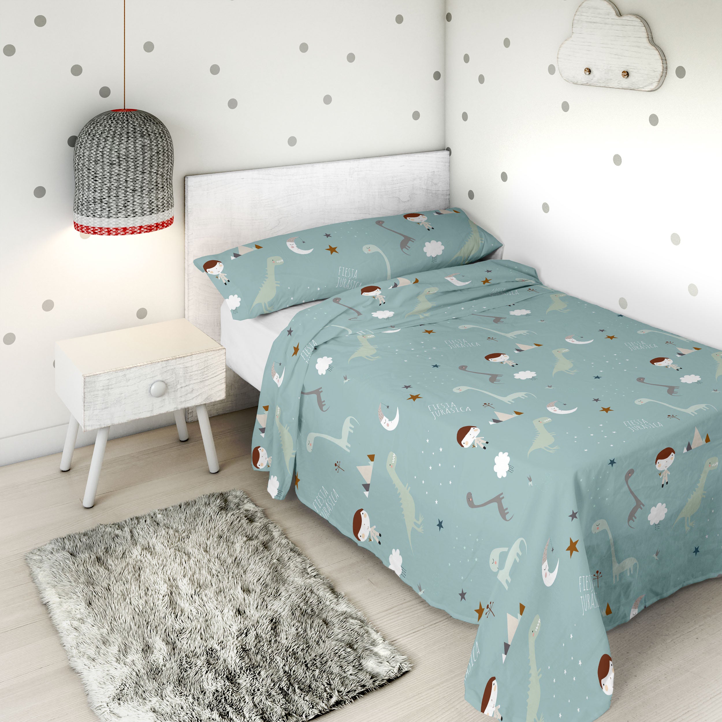 PARURE LENZUOLA STAMPATE PER BAMBINI JURASSIC GREEN B 100% COTONE