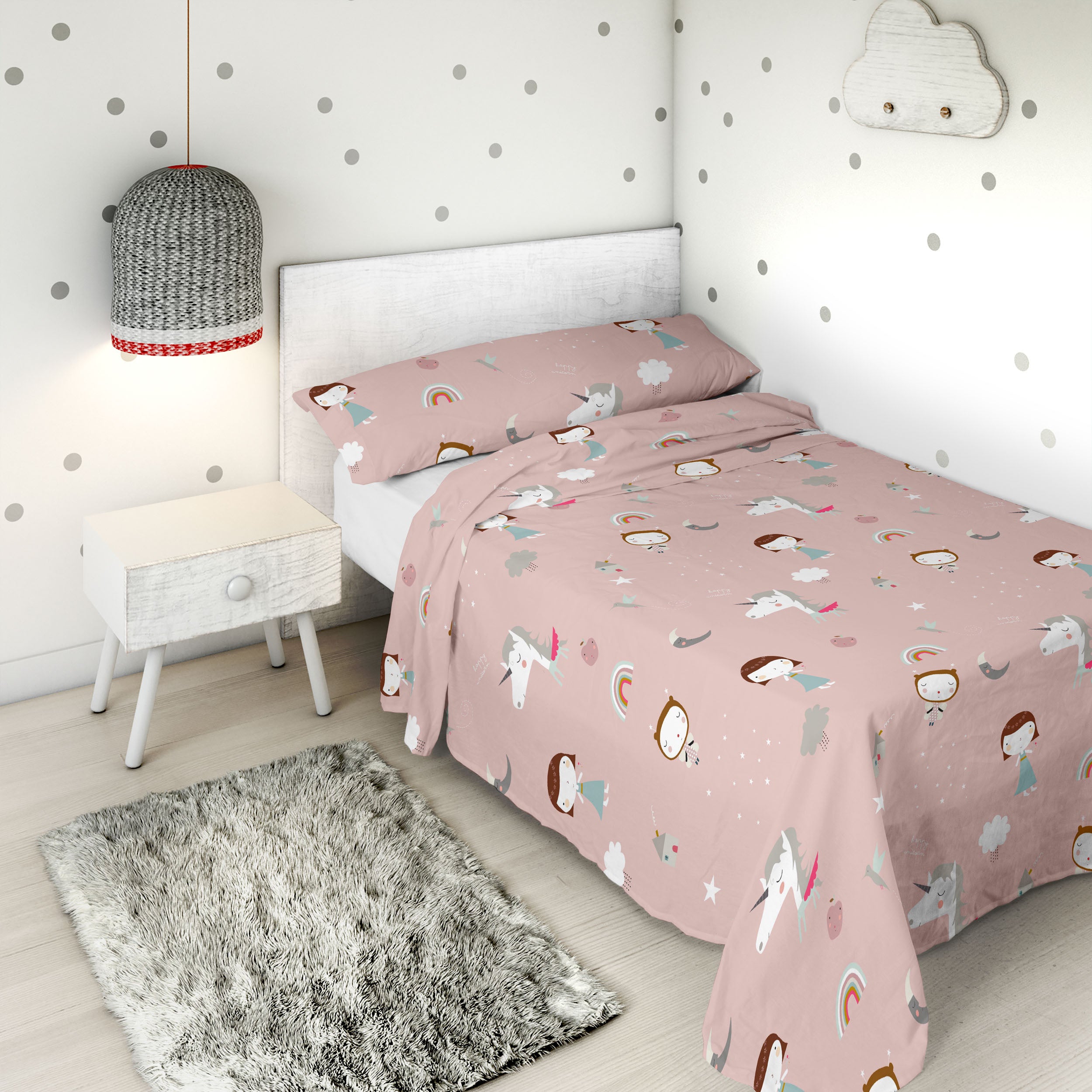 JUEGO SÁBANAS ESTAMPADAS INFANTIL UNICORN WHITE B 100% ALGODÓN