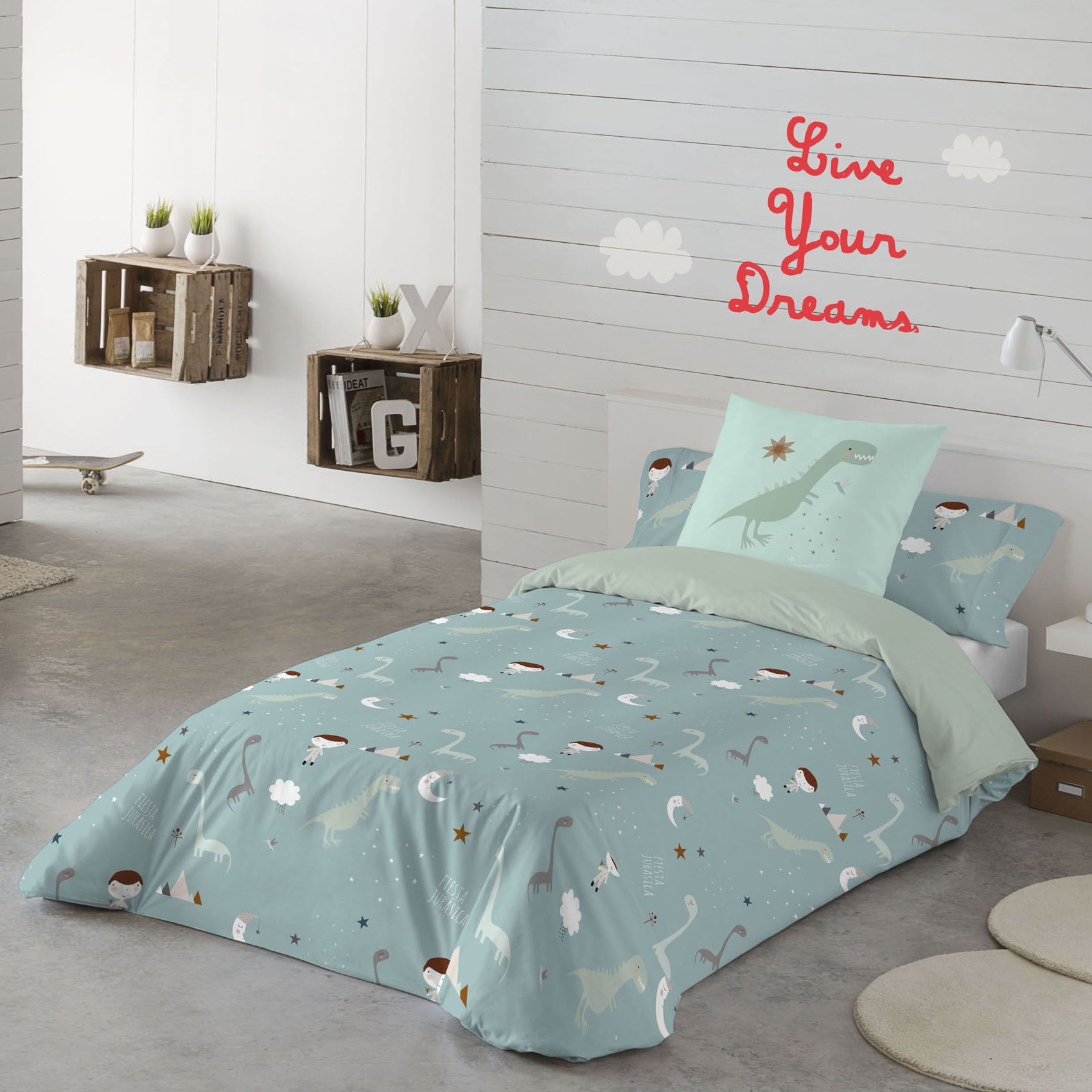 FUNDA NÓRDICA REVERSIBLE ESTAMPADA INFANTIL JURASIC GREEN 100% ALGODÓN