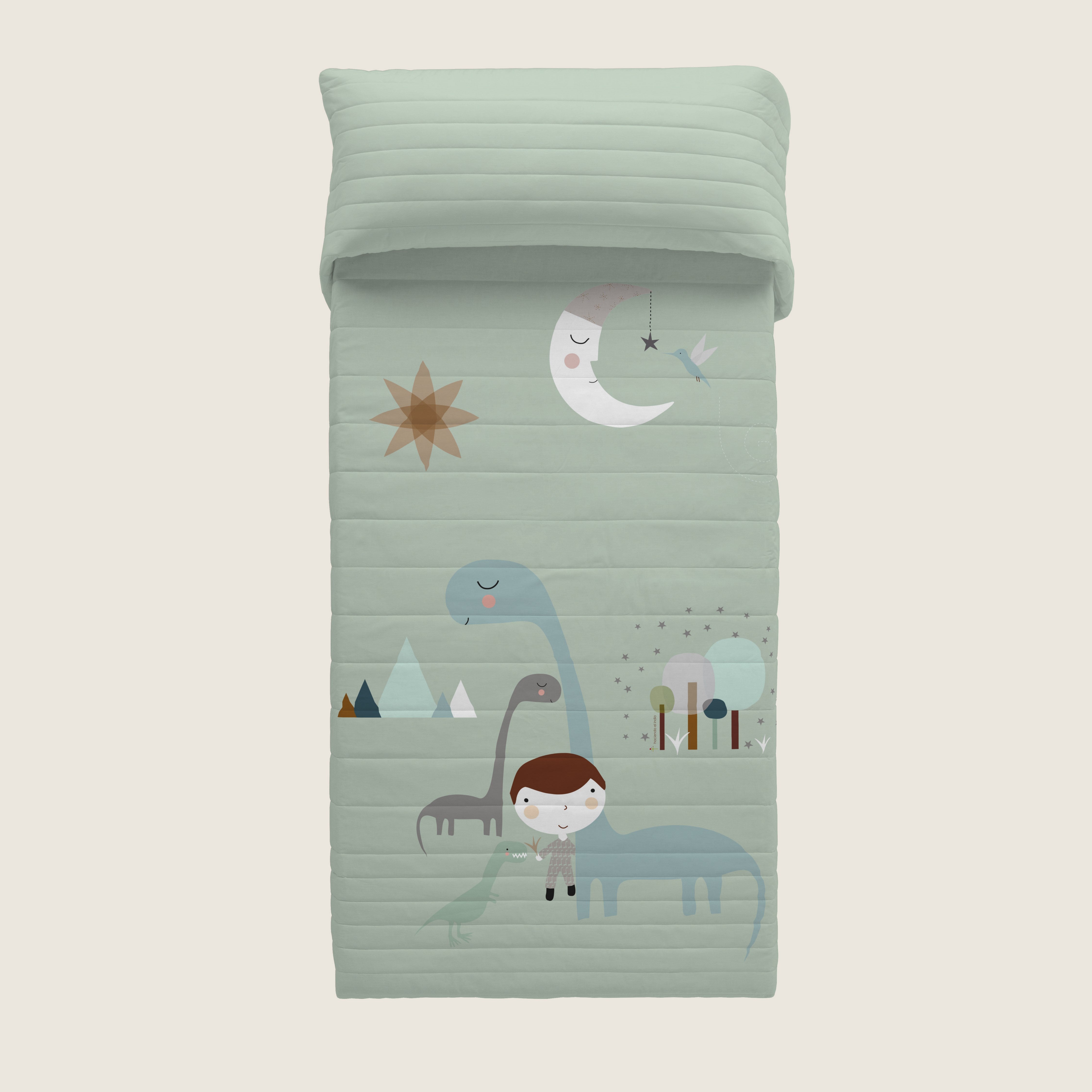 COLCHA BOUTI REVERSIBLE ESTAMPADA INFANTIL JURASIC GREEN 100% ALGODÓN