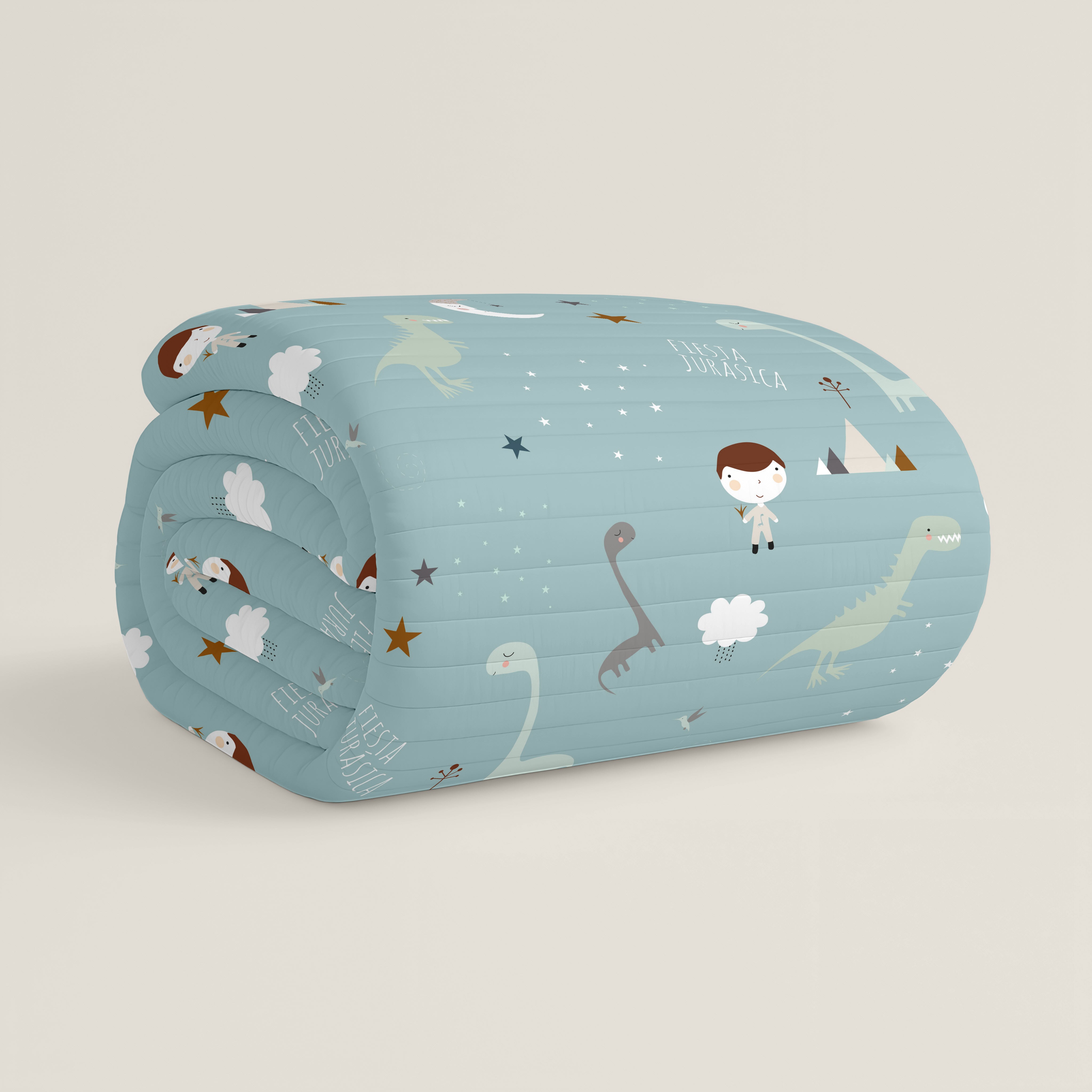 COLCHA BOUTI REVERSIBLE ESTAMPADA INFANTIL JURASIC GREEN 100% ALGODÓN