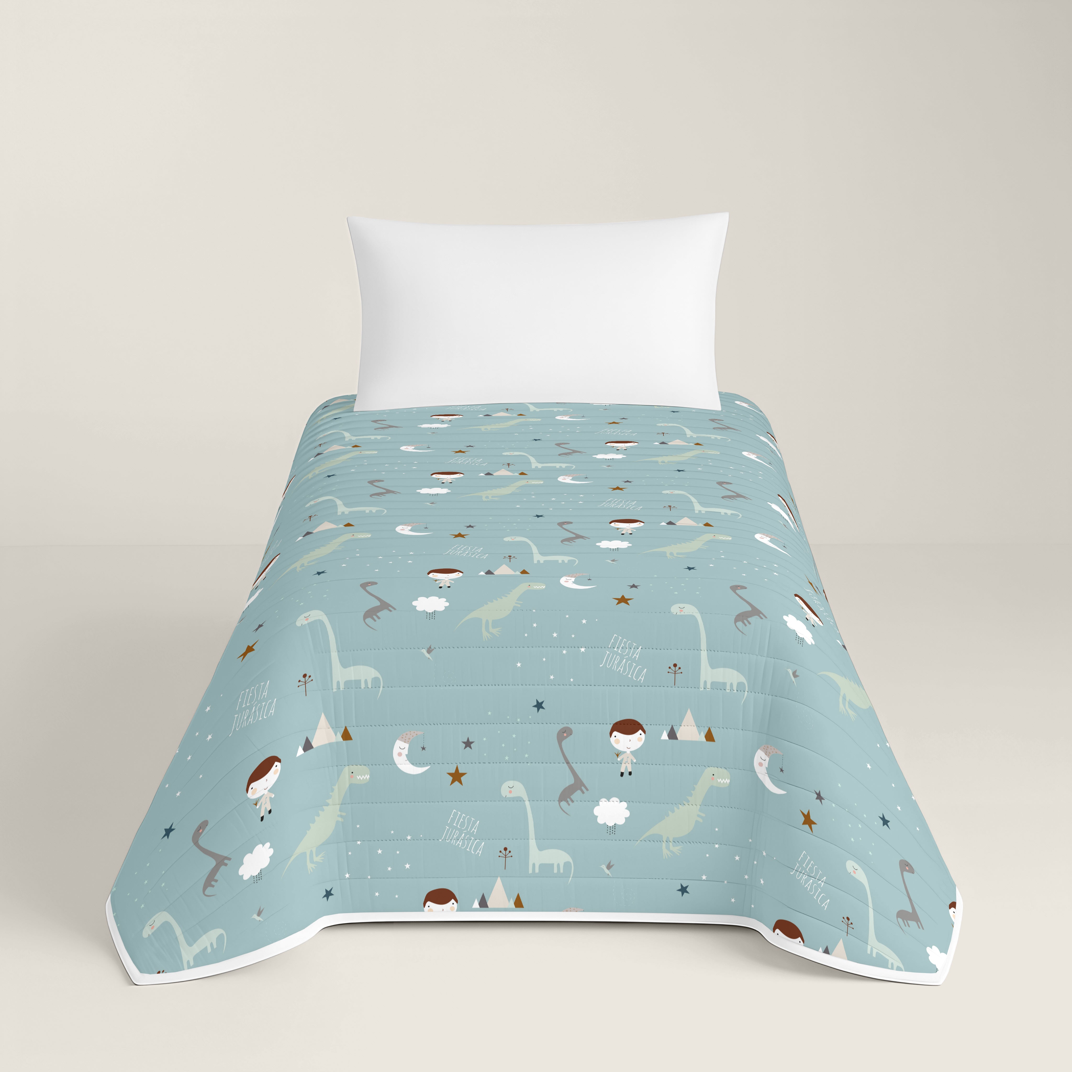 COLCHA BOUTI REVERSIBLE ESTAMPADA INFANTIL JURASIC GREEN 100% ALGODÓN