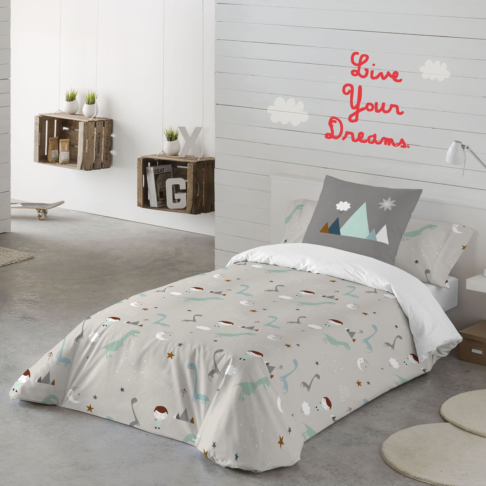 FUNDA NÓRDICA REVERSIBLE ESTAMPADA INFANTIL JURASIC WHITE 100% ALGODÓN