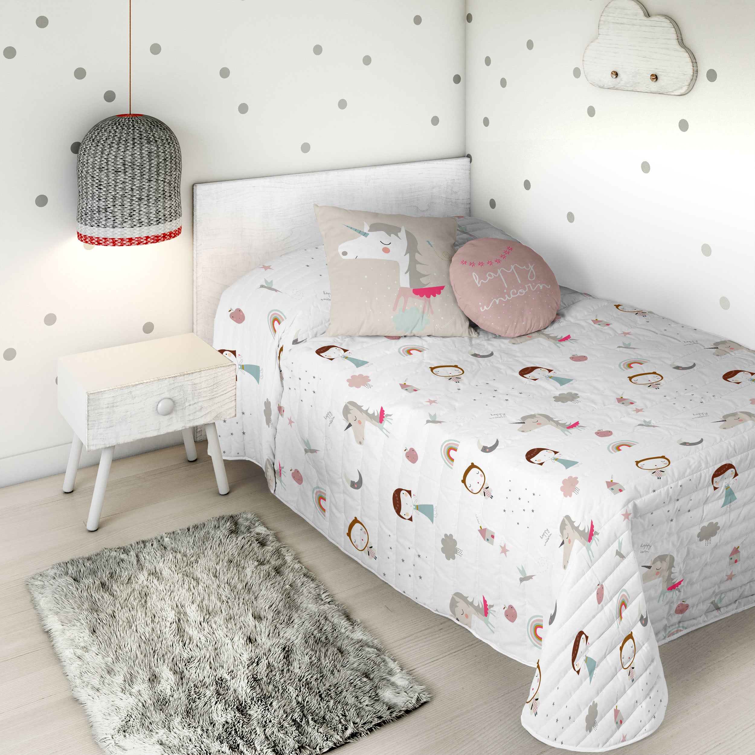 COPRILETTO TRAPUNTATO REVERSIBILE STAMPA BAMBINA UNICORNO ROSA 100% COTONE