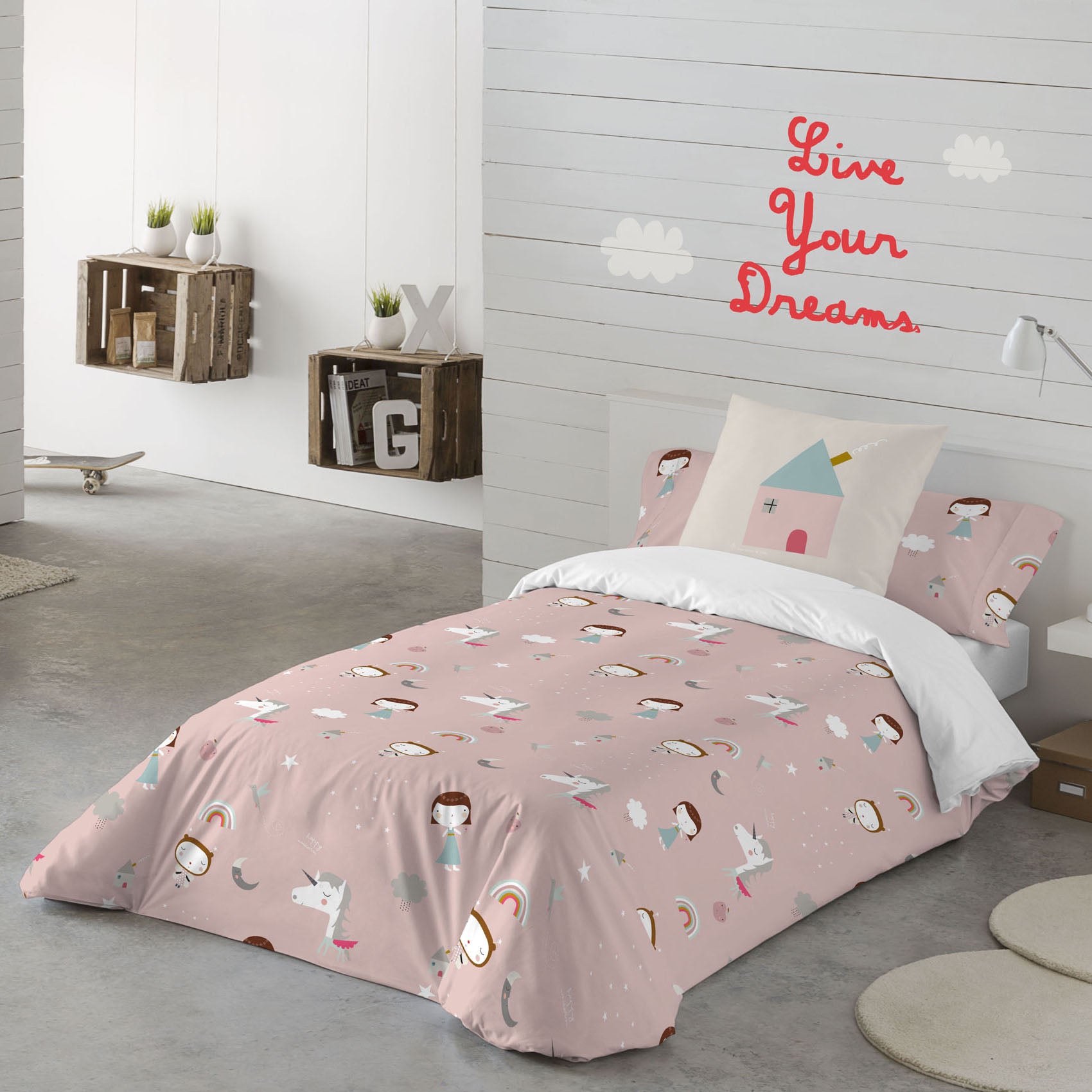 FUNDA NÓRDICA REVERSIBLE ESTAMPADA INFANTIL UNICORN WHITE 100% ALGODÓN